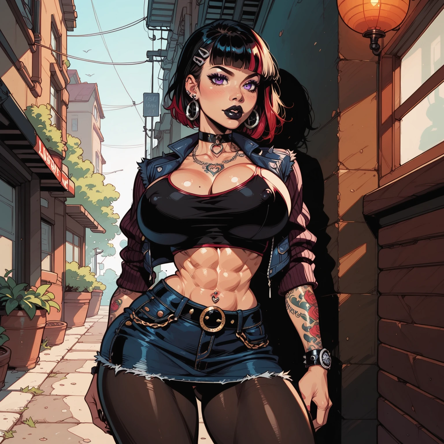((masterpiece,best quality)), absurdres, Marnie, aqua eyes, black choker, red ribbon, pink dress, jewelry, (hair bangs), black jacket, open clothes, long sleeves,  solo, smiling, looking at viewer, (slendered abs,, v cut abs), cowboy shot, cinematic composition, contrapposto, (navel exposed), belly button, navel piercing, (gigantic breasts), sunset lighting, pokemon city, puffy lips