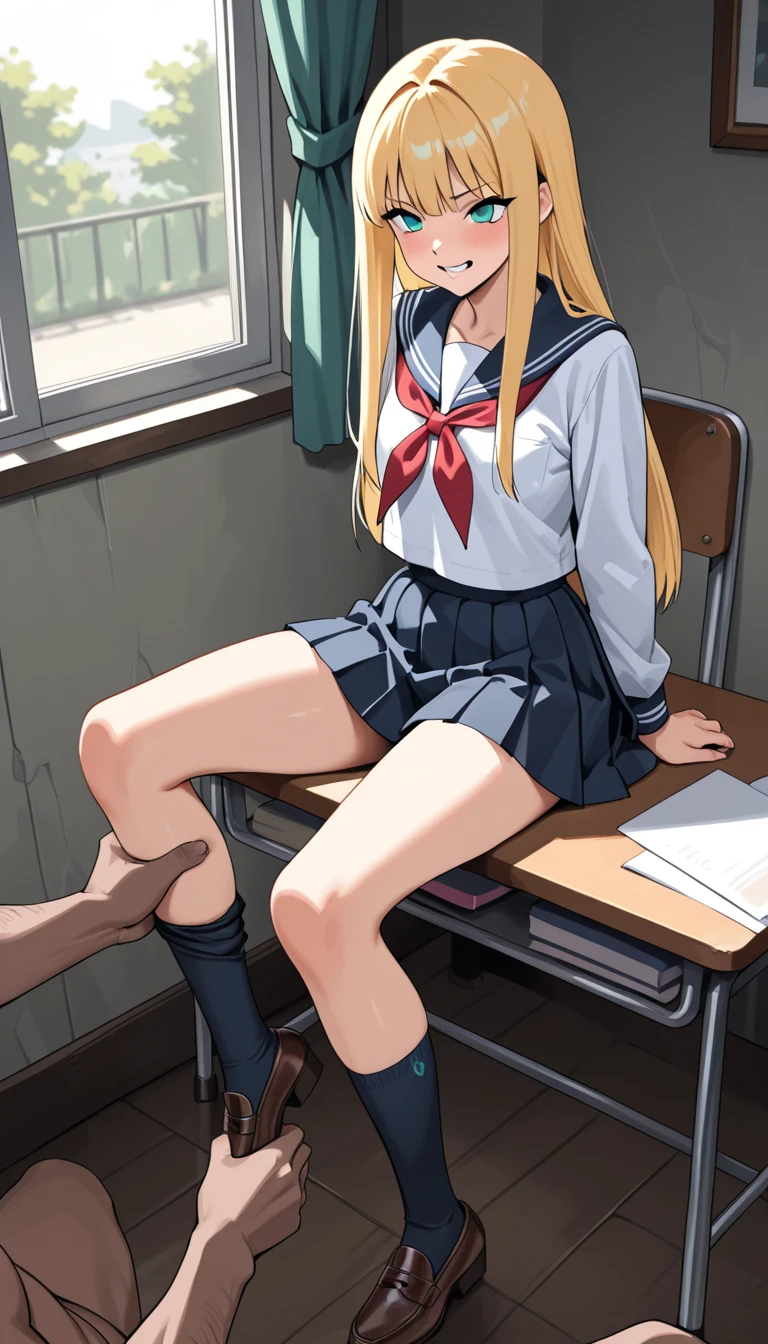 NSFW,masterpiece,highest quality,High resolution,anatomically correct,Fiami,Dark-ish,Yaminor,1 girl,long hair,solo,hair ornaments,two side up,blonde hair,red eyes,small breasts,hair ornaments,school uniform, hair ornaments,skirt, red eyes, thigh strap, sweater vest, 格子縞のskirt, plaid socks,molestation,My butt is grabbed on the train,My breasts are being fondled by a man,My pussy is being touched,shy,sex,Creampie,Being penetrated by a man from behind,sexual treatment,sex slave,(Sweat:1.5),