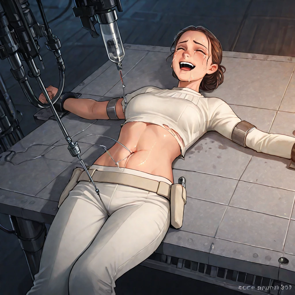 a stunning 19 year old American girl ((tied up naked)) ((lying down on suburban front yard lawn with sprinklers)), hands behind head, ((full body shot)), ((shy)), (face blushing), ((ropes around wrists)), aerial perspective, ((eyes closed)), ((mouth open)), scream, (((perfect breasts))), (((perfect feet)))