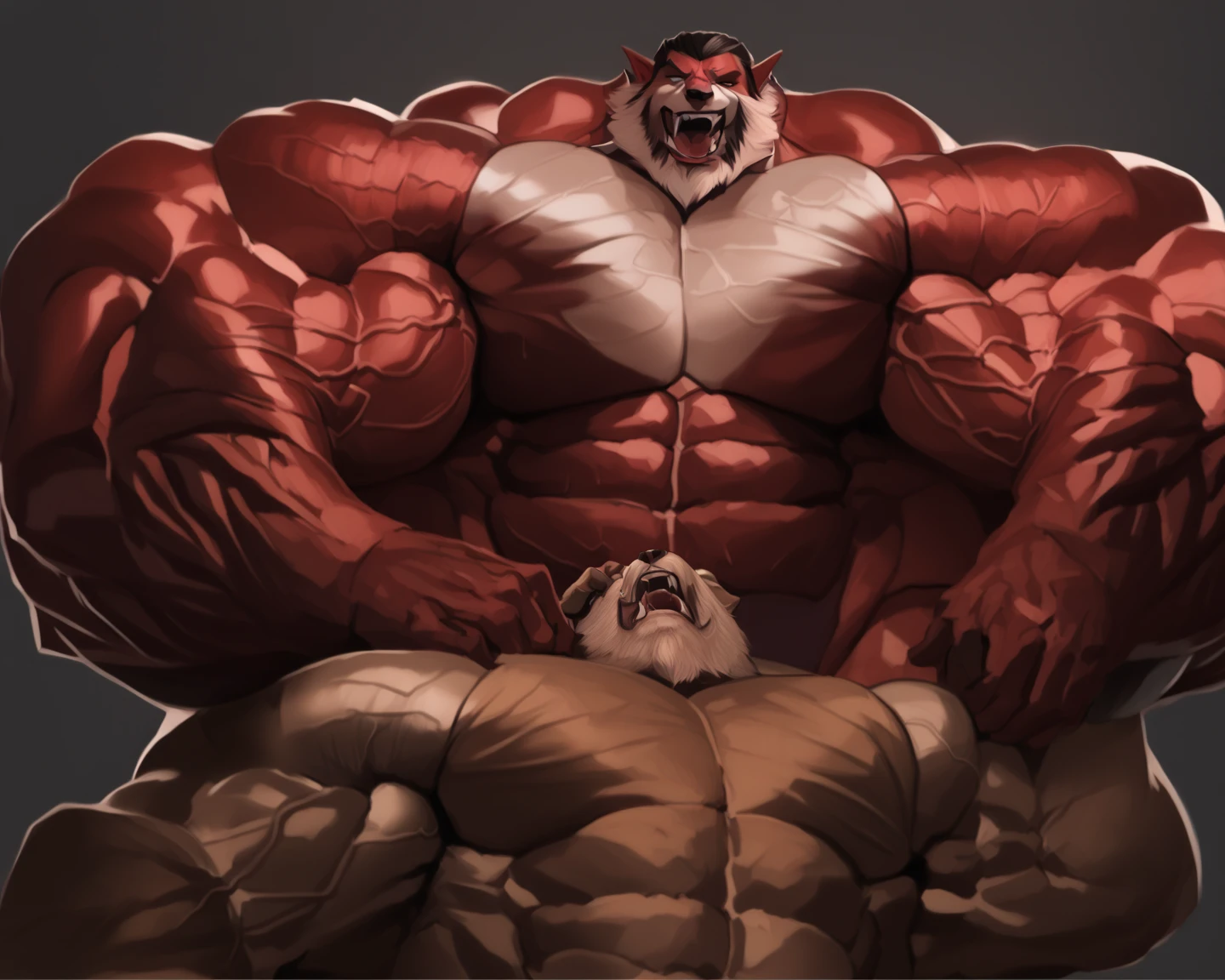 Bulge, hyper growth, hyper muscles, furry growth, a massively large man wearing a mask covering his face, shirtless wearing red underwear, massively muscular, with massively large muscles, huge muscles, exaggeratedly huge muscles, with massively large biceps, with massively large arms, with massively large chest, with massively large shoulders, with massively large muscular body, massively large upper body, with a massively large bulge, huge bulge, exaggeratedly huge bulge, sitting on a bed leaning against the headboard of the bed