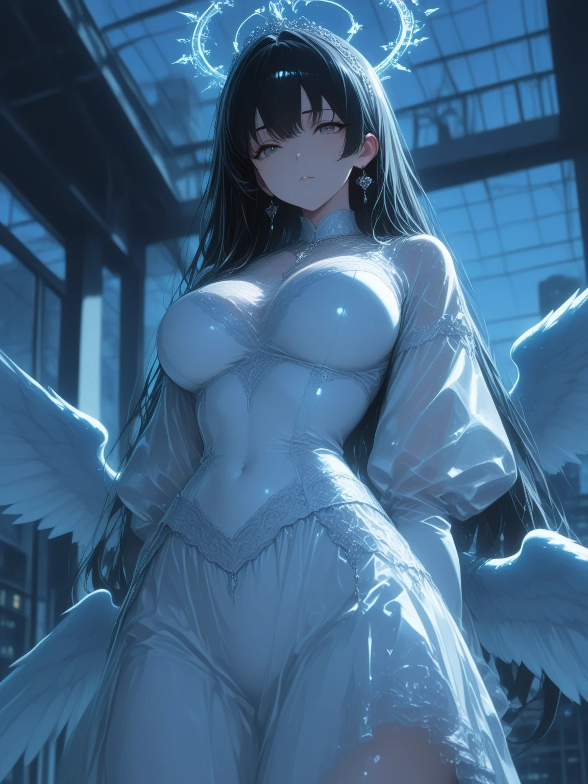 A big breasted naked beauty is in the middle of the picture, facing you and spreading her legs（The beautiful woman makes an embarrassed face）（20-year-old）（one person）