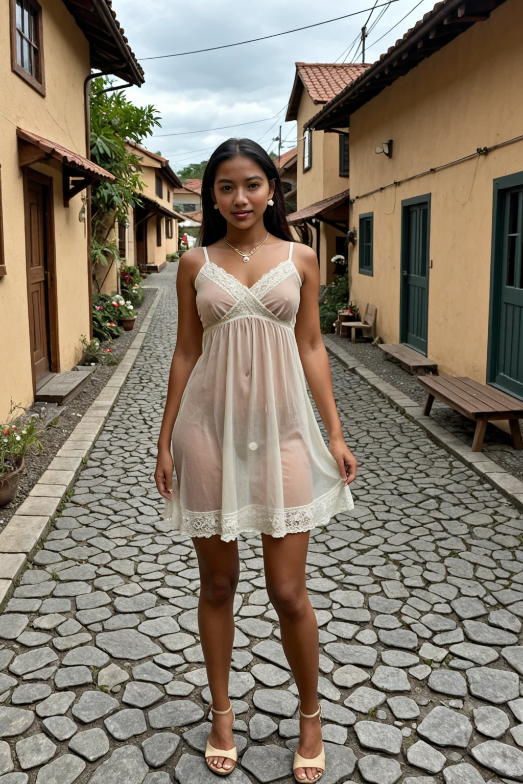 Sweet beautiful Bogor city girl, georgeus face, 25 years old, slim body, roman nose, wavy black hairs with a bangs, descent mixed from sundanese and javanese, wearing white thin strict full see through full lace unzip trousers, wearing thin see through long sleeve white buttoned lace dress, hairy vagina exposed clearly through the trousers, wearing high heels, no panty, no bra, very realistic, very detail, running cheerful in the sunny morning, happy sweet face, very cute laughing, her body and her messy dense pubic hairs are exposed through the clothes, sun shining her body through the clothes, from top of head to the toes are visible, very hard wind that blowing everything, hard Windy enviorement,