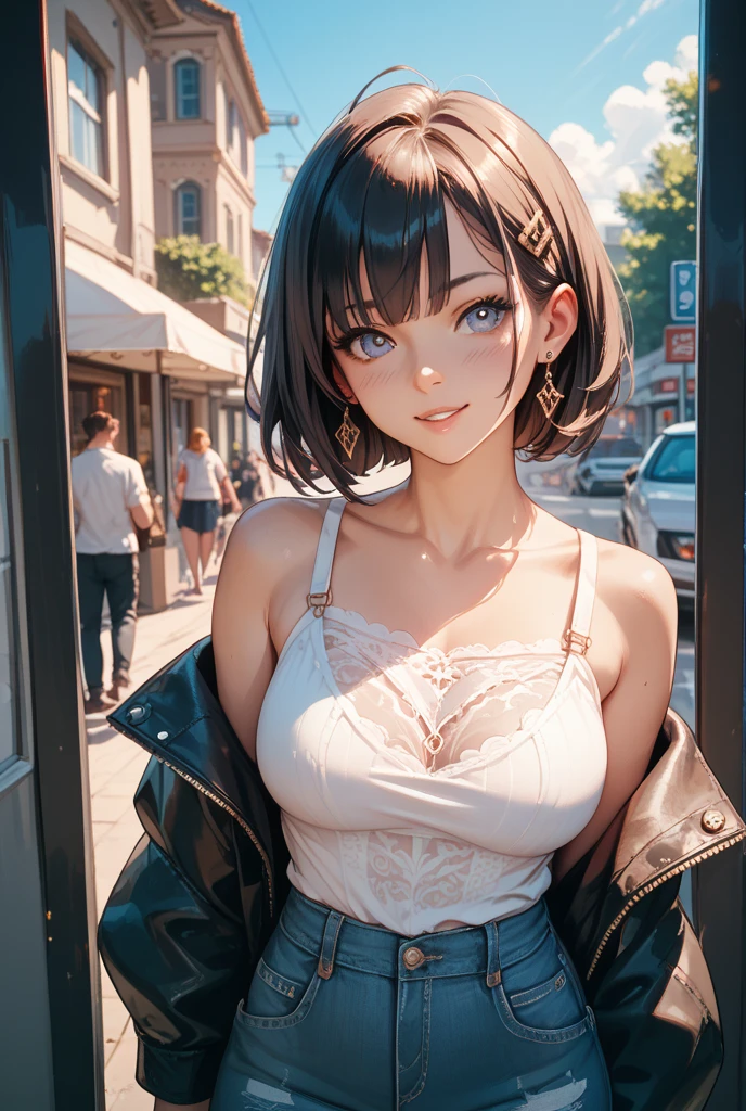 1girl, brown skin, dark brown hair, short hair, pink lips, pink blush, green eyes, wearing a black bra and coat.