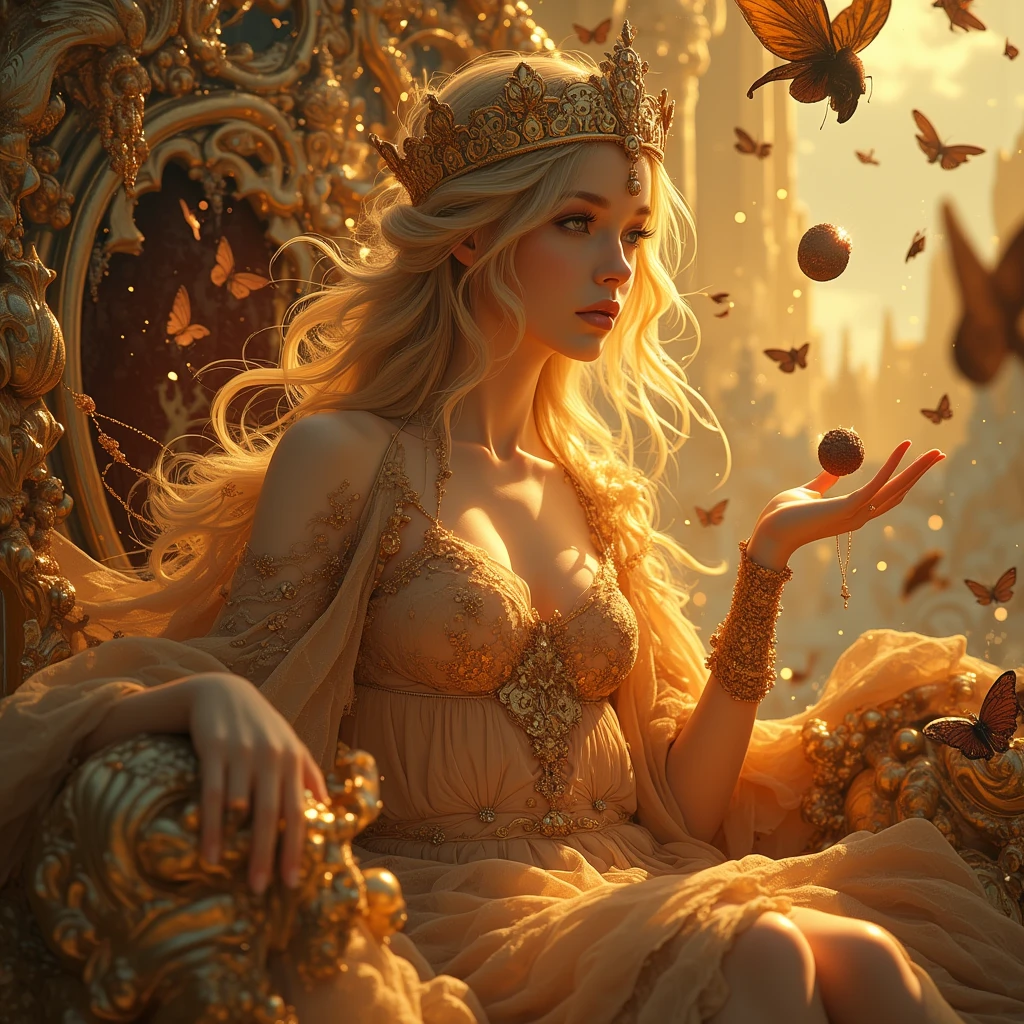 a close up of a woman in a costume with a lot of balloons, digital art inspired by Greg Hildebrandt, Artstation, fantasy art, lit from behind, artstation masterpiece, lisa ann, epic 3 d oshun, fantasy highly detailed, on her throne, goddess. extremely high detail, detailed and fantasy, voluptuous and arousing