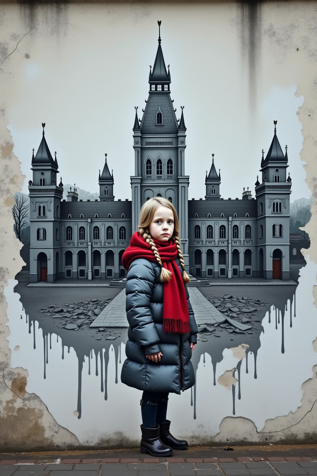 Matryoshka children&#39;s toy, in black sunglasses, in a fur coat, with long flowing hair, It depicts the Kremlin, in rock style 