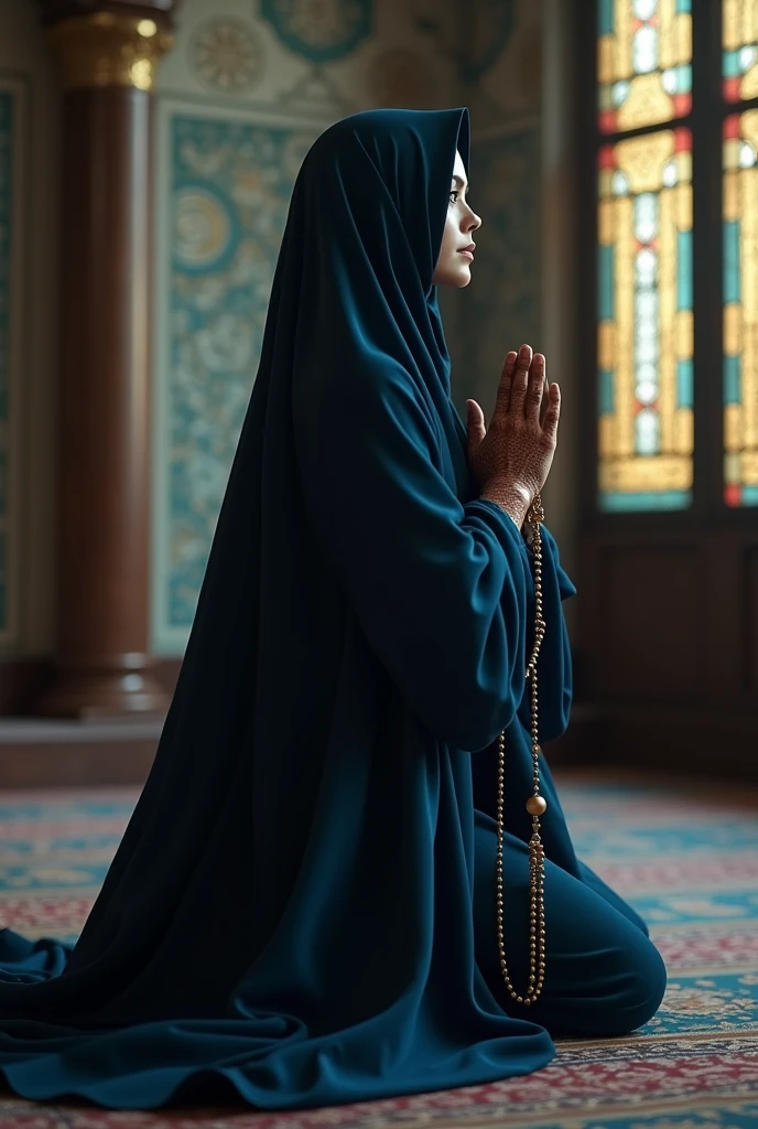 Young Penelope Cruz in niqab, wearing a gothic lace black abaya, skullcap underneath, cotton mask on her face, very beautiful, fair, praying in a mosque on her knees