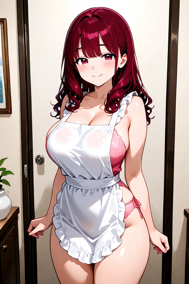 (High resolution,realist:1.2),beautiful,beautiful mother , in a kitchen, mother with apron, mother in red and sexy underwear, she lifts her skirt to show her underwear, happy face