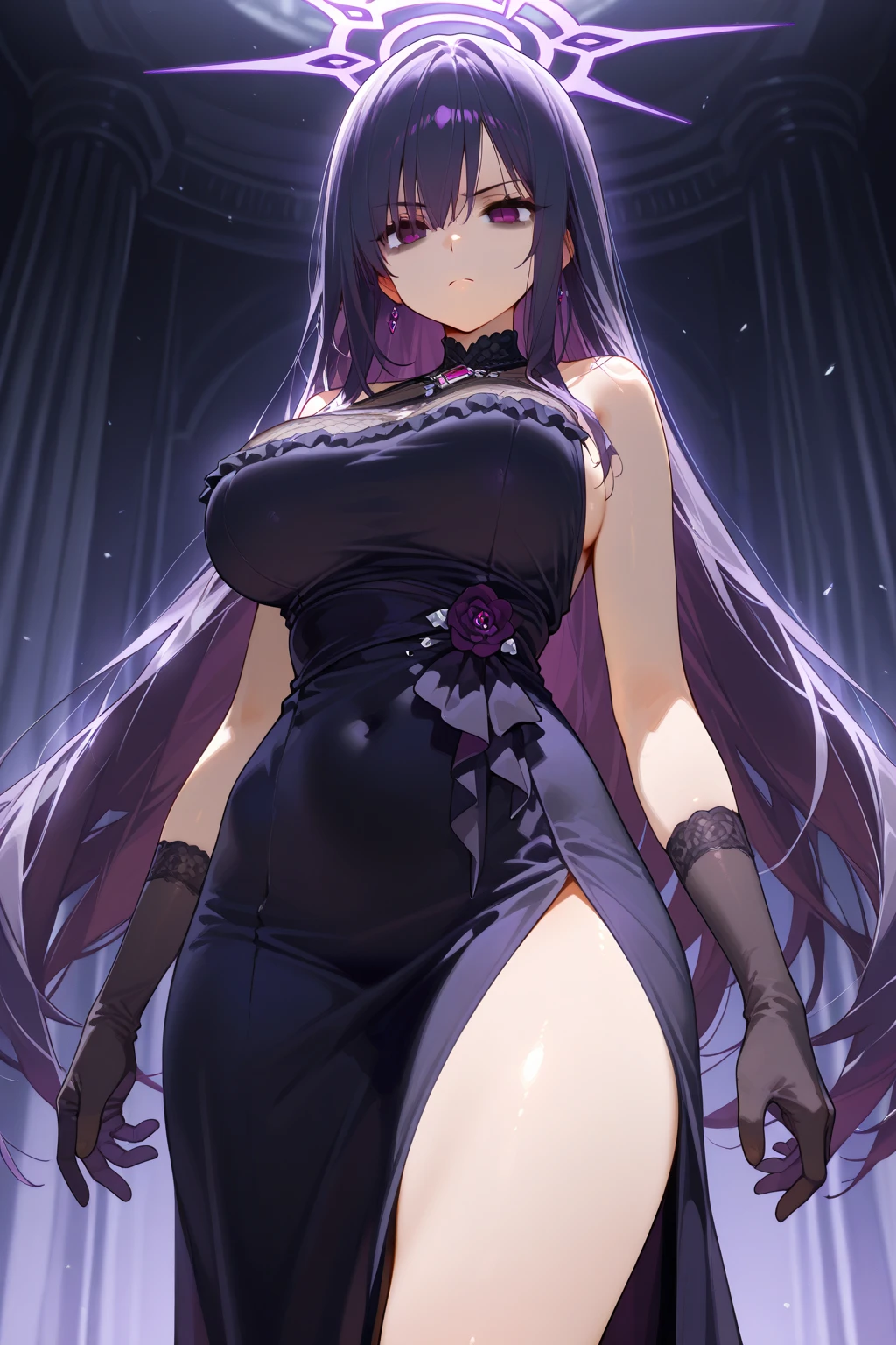 (masterpiece, reflections, atmospheric lighting, dynamic lighting), best quality, 1girl, perfect figure, perfect body, perfect face, black hair, long luscious curly hair, purple eyes, glowing void eyes, delicate fingers, blushing, shy, embarrassed, ????, scared, open mouth, black crown, jewel crown, wing crown, black dress, strapless dress, wedding dress, evening dress, lingerie dress, black high heels
