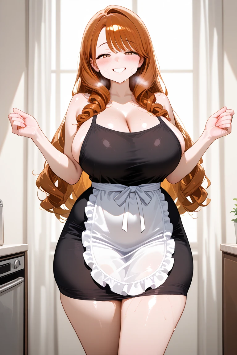 Best Quality, masterpiece:1.2), Very detailed, HdR, Girl, 1 maid, (maid headdress, big neckline: 1.2), model position, looking at the viewer, (beautiful detailed eyes, beautiful detailed lips, extremely detailed eyes and face, long eyelashes), (Well proportioned, rounded, Hourglass) body, (beautiful detailed breasts, Well proportioned firm breasts), (Well proportioned, toned) legs, seductive atmosphere, flirtatious look, very sexy, in the kitchen, (seductive smile)