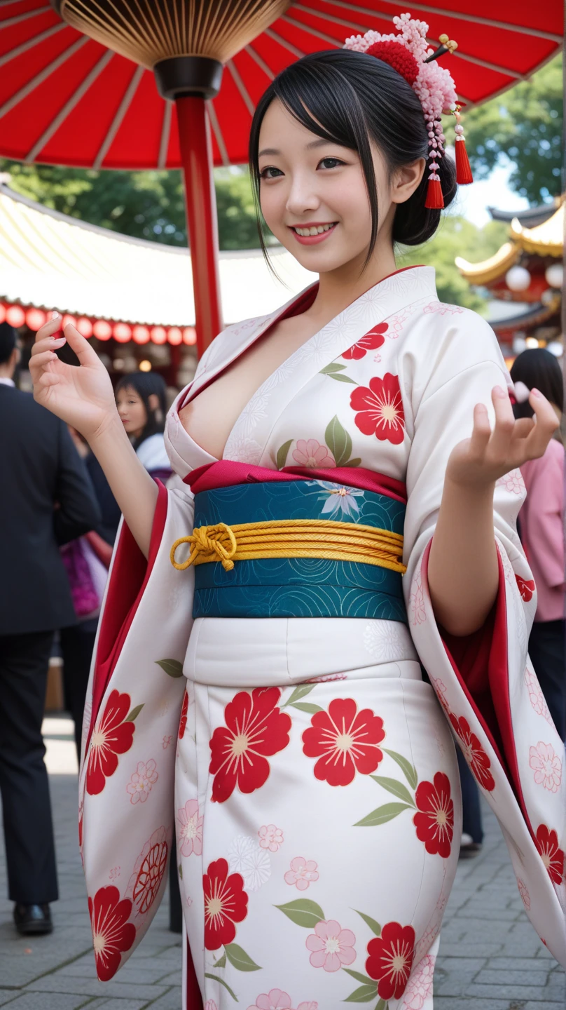 ((facing back:1.5))、(high-level image quality、hightquality、hight resolution、detaileds、masterpiece)、(There are mature and beautiful women)、I'm 43 years old、Smile at the camera、(A pure Japanese hairstyle with a beautiful hairpin)、(Light brown hair)、(being thin:1.2)、(Small:1.2)、(Bra and thong with large kimono-style decorations:1.2)、She wears a collar, bangles, and a kimono-style garter belt.、(holding a golden dragon in both hands)、The pose is so cute and nice、(Visiting a shrine for the first time in a crowd of people:1.2)