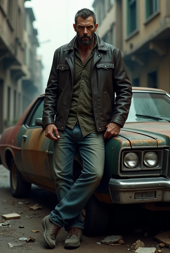 Man with arms crossed in the favela leaning against the lowered Opala