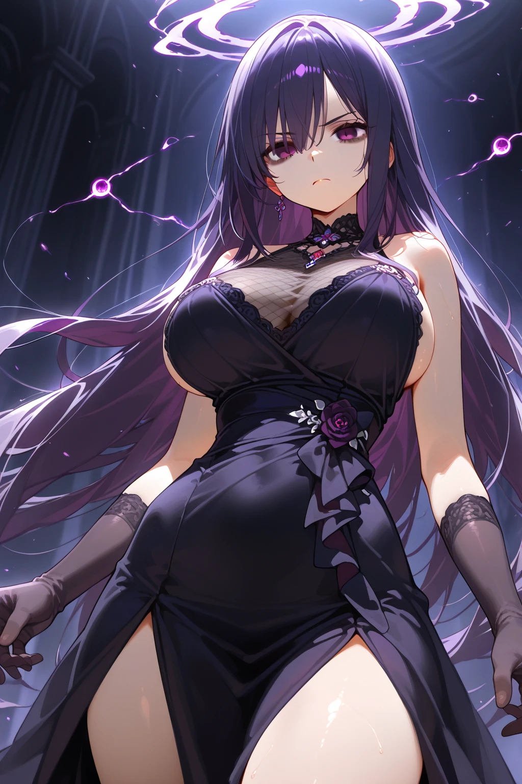(masterpiece), best quality, expressive eyes, perfect face, (nsfw) not safe for work, 1girl, [highly detailed eyes], (highly detailed eyes), anime girl with long hair, goddess of the galaxy, nebula, dress, [upskirt], (upskirt}, godly stance, godly pose, head leaning on hand, hand on face, from below, seductive anime girl, [seductive face], mommy, milf, cleavage, ((floating)), no panties, anime best girl, an anime drawing inspired by Naka Bokunen, mature, solo, tall, normal body, dark theme, dark aesthetic, ((black and purple hair)), stars on dress design, ((angry)), smirking, smirk, sexy, 