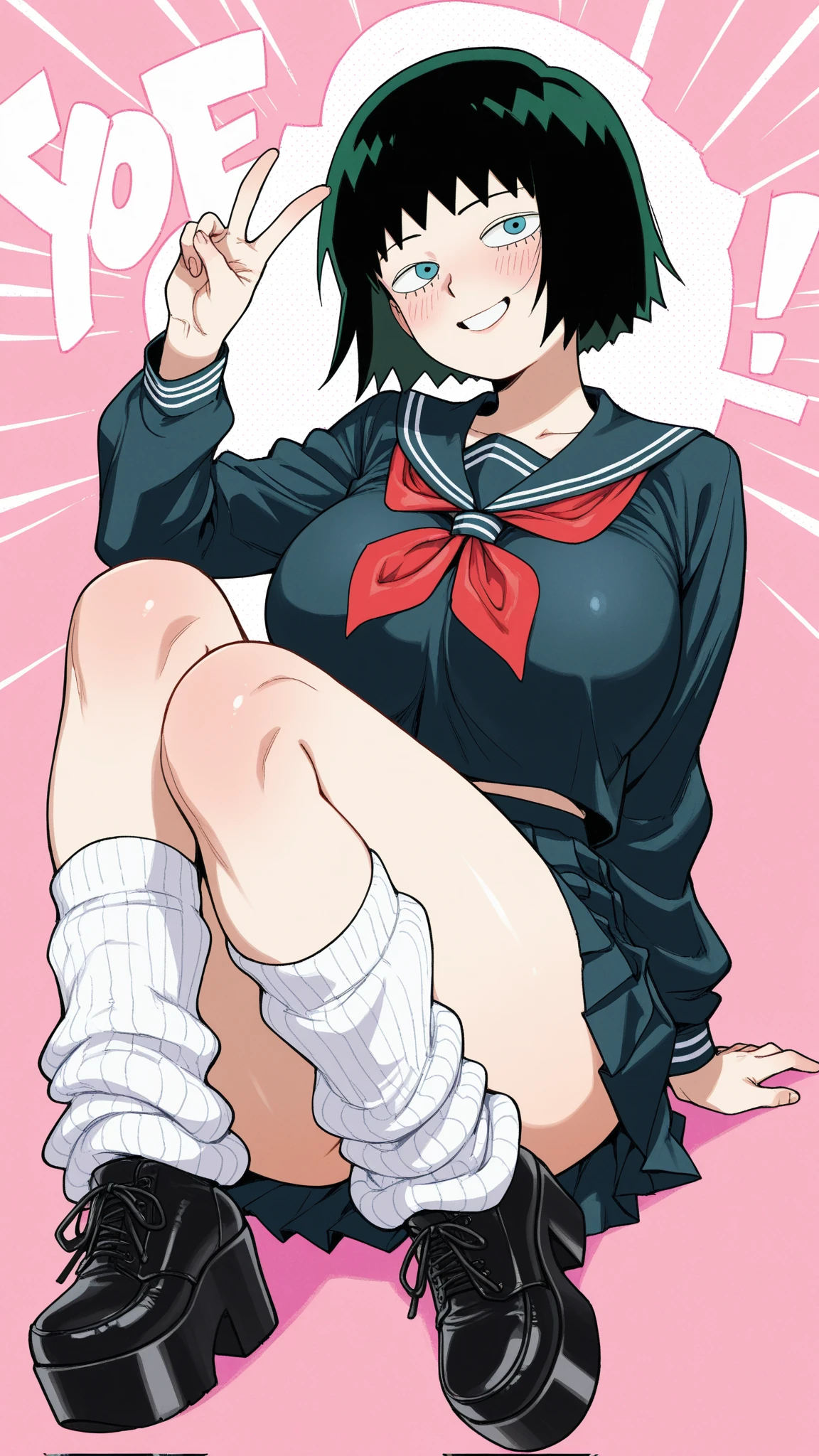 (Highest quality、masterpiece、、Highest quality、Hyperrealism、Ultra HD)、 (short hair:1.1)、(Elegant round glasses:1.2)、(A high school girl wearing a white blouse and a navy blue skirt:1.2)、(Navy Pleated Skirt:1.2)、(Red bow tie on chest:1.1)、Perfect Style、Perfect body line、Large Breasts、Perfect beautiful anime style、Smooth anime CG art、Standing Elegantly、(The simplest pure white background:1.2)、(Panties shot from below:1.3)、Spread your legs、(Open your crotch to show your panties:1.2)、Embarrassed expression、blush、Naturally beautiful thighs、The most natural navy pleated skirt、Bare legs、Pink Panties
