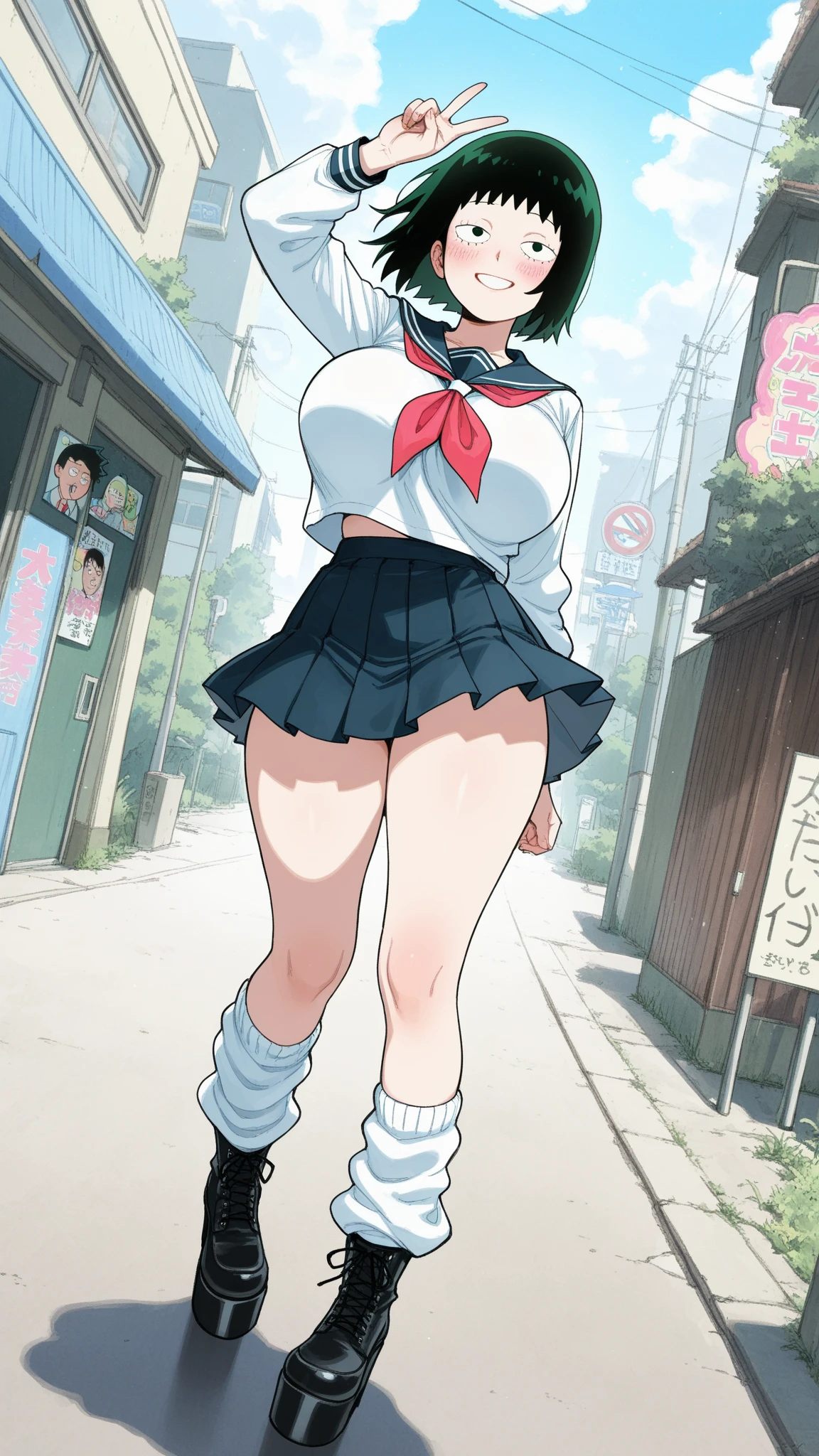 ((Table t○p, highest quality, Hi-Res Lucifer,Anime Screen Capture、Pixel perfect, 8k, nsfw)))、Perfect Anatomy、(((Huge breasts、Wide Hips、Wide ass)))、(((Bobcut、Blunt Bangs)))、(((Skirt flipped up by the wind、White Shirt、Black Mini Skirt、Blue striped panties)))、Hands on Hips、Sweat, vapor,(Yellow Eyes)、((Black Hair)),  ((((:d、blush))))、(In town)