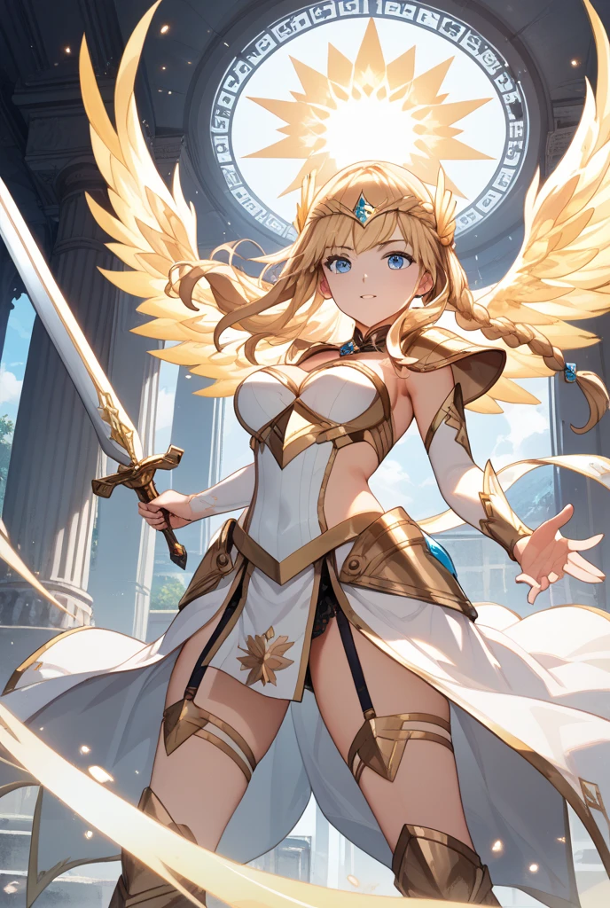 best quality, masterpiece, highres, solo, {thrud_fgo:1.15}, long_hair, blonde_hair, head_wings, red_eyes, breasts, bangs, blush, large_breasts, 1girl, armor, bare_shoulders, cleavage, jewelry, looking_at_viewer, medium_breasts, open_mouth, armored_dress, dress, shield, hair_between_eyes, wings
