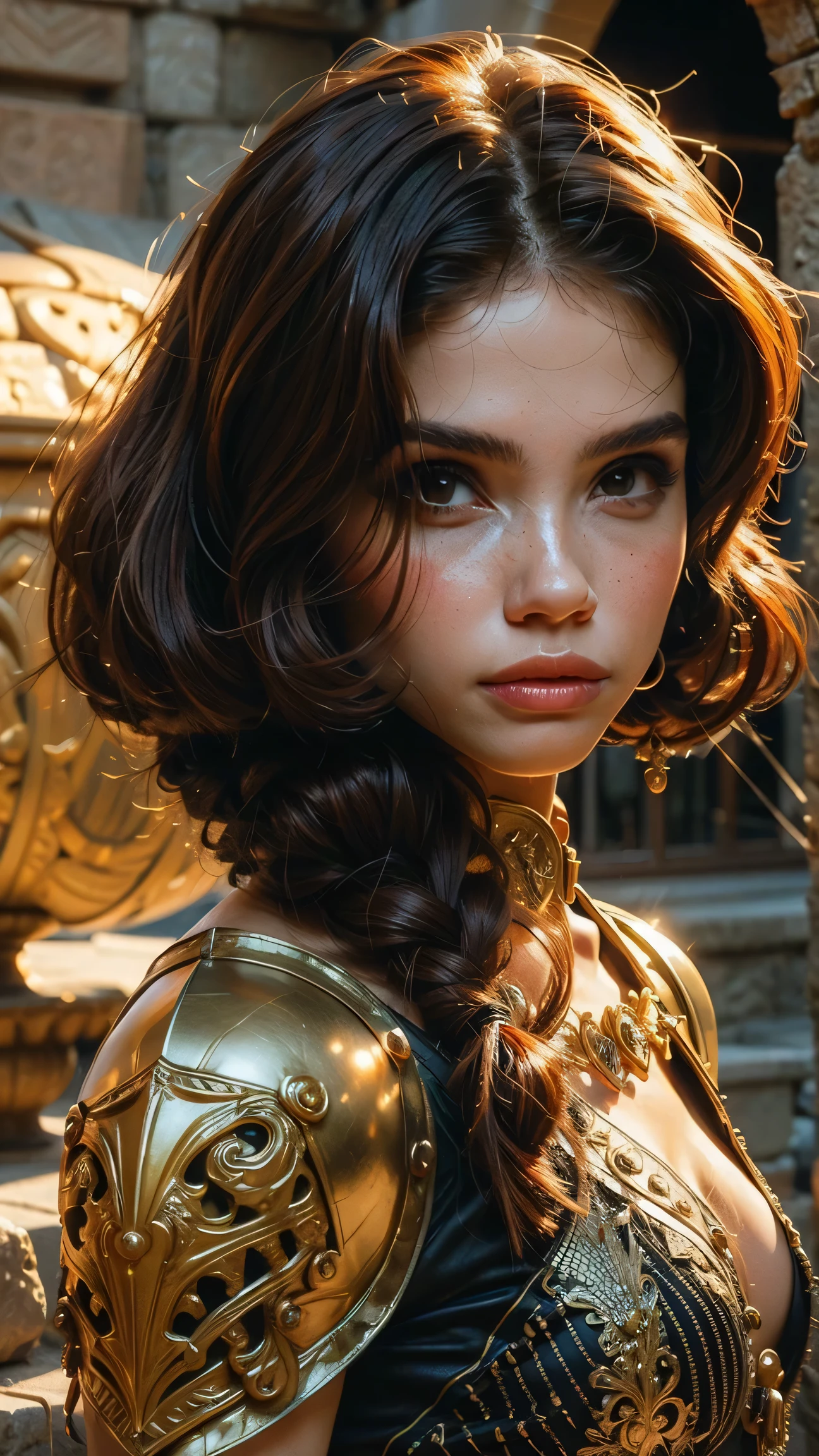 medieval-armor-girl,high resolution, ultradetailed, sunny day, ray of lights, 16k, UHD, photorealistic, (skin texture:1.2), (detailed face features:1.3), correct proportions, (castle ruins background:1.2 ), 1 girl, beautiful brown eyes, cowboy pose, dynamic pose, pretty eyes, plump lips, (thin and sharp pale eyebrows), long dark eyelashes, enigmatic, light skin, full body shot, accurate nose, (very short dark hair:1.2), (form-fitting, ornate and elegant fantasy metal armor made of dark green metal with inserts of fine chain mail and floral embossed ornament:1.1), skinny fit girl, very small breasts