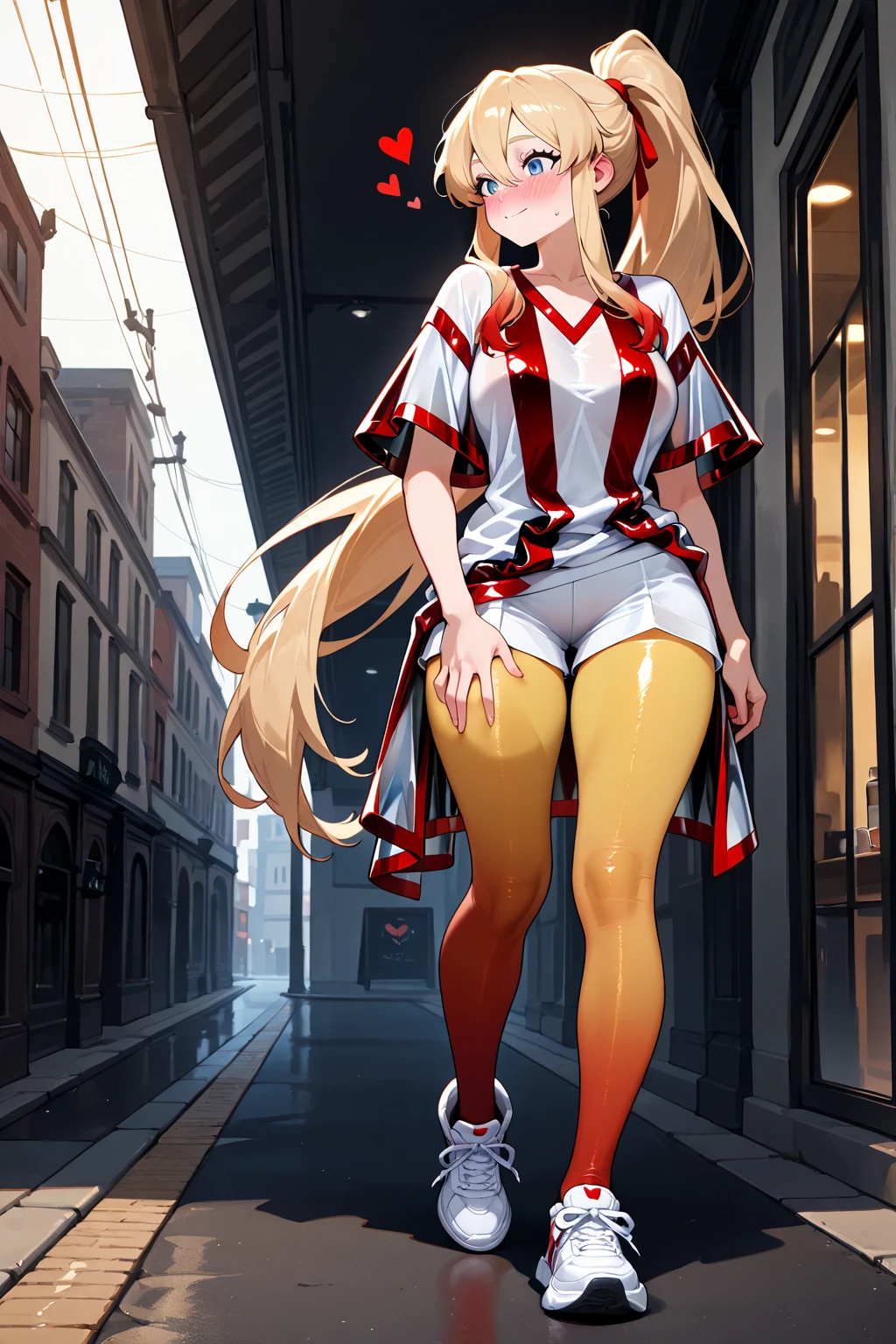 a sexy girl, with blonde hair, She is in the city, and is wearing a red jacket open over a WHITE BODY, blonde with bangs, Blue eyes, visible nipple, view from behind sitting