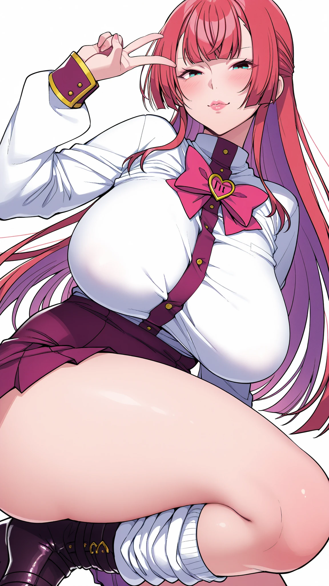((masutepiece, Best Quality, hight resolution, nffsw, Perfect Pixel, 4K, nffsw, nffsw))), 1girl in, Single, Solo, Beautie、full body seen、 ((Middle Wave Hair, Bangs, Purple hair)), ((verd s eyes, Beautiful eyelashes, Realistic eyes)), ((Detailed face, Blushing:1.2)), ((Smooth texture:0.75, Realistic texture:0.65, Photorealistic:1.1, Anime CG style)), huge-breasted,big butts、thick thighs、 Dynamic Angle, Perfect body, ((red bowtie, School uniform, ,Open white shirt, Black skirt, plaid skirts)), On the train、Angle from below、((very embarrassing panic、Sweat、:o))、((lift up one's skirt, spreading legs......................、light blue pantie))、Squatting
