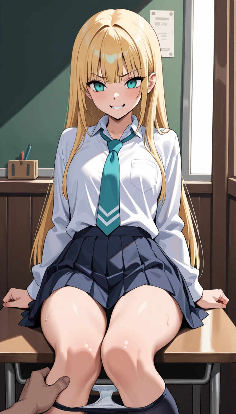 score_9, score_8_up, score_7_up, score_6_up, score_5_up, score_4_up, (tearju lunatique), (front view), (viewed from below), (full body), (2d anime style), (long blonde hair), (green eyes), (glasses), (large breasts), (white shirt), (deep cleavage), (black pencil blouse), (black pencil skirt), (black transparent thigh highs), (sexy purple lace panties), sexy curves, big head, (solo), sitting on desk, (spread legs), seductive pose, looking at viewer, shy, blushing, shy smile, seductive expression, cute expression, heavy breathing (classroom background)