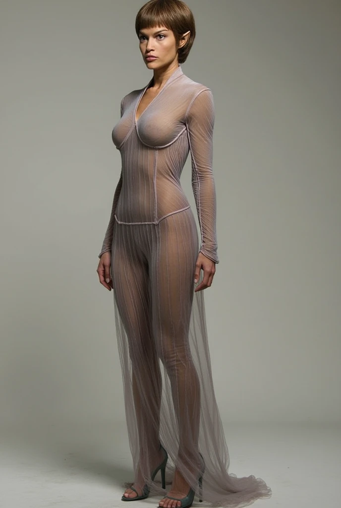 a sexy mature woman in a May with a high back and a long sleeve, white transparent organza swimsuit, skin-tight jumpsuit in transparent organza, May, May, transparent organza body, full body view, full body distant view, photo by full body, high-end jumpsuit, centered full body rear shot,sexy mature woman,short gray hair,60 years