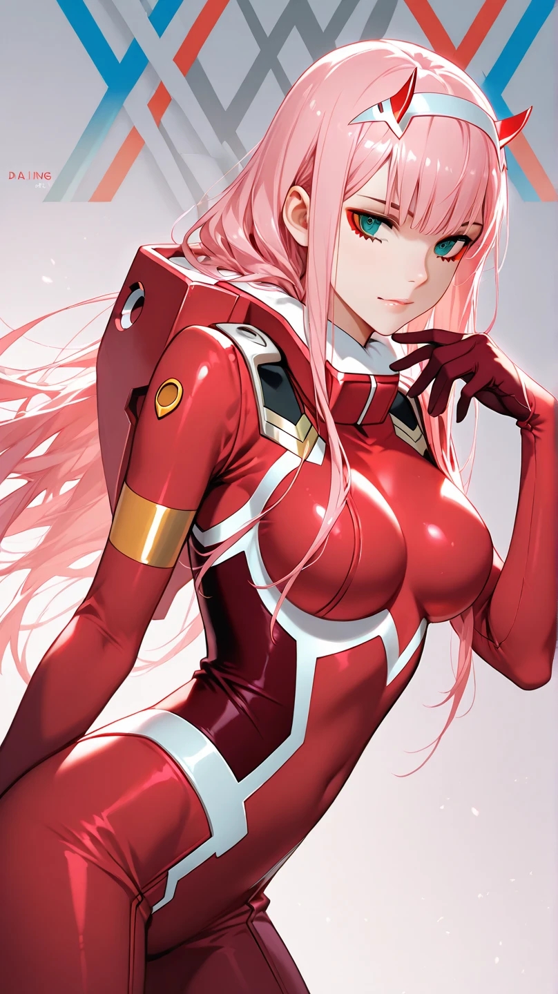 very detailed background, masterpiece, best quality, 1girl, solo, ((masterpiece, best quality)),best aesthetic, zero two (darling in the franxx), darling in the franxx, bangs, biting, blush, covered navel, eyeshadow, green eyes, hair behind head, hand on hip, horns, smile, long hair, looking at viewer, makeup, medium breasts, pilot suit, red suit, pink hair, red eyeshadow, science fiction, skin tight,
