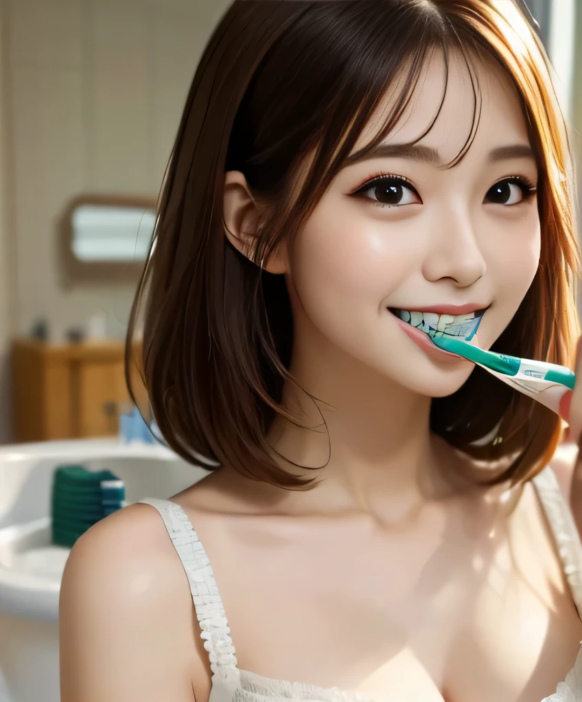 best quality、、 ultra fine 、Clear Photo、 professional brushstrokes、( Brush your teethかわいい女の子 、idol class ) 、 small face 、 Very Short Hair、 thin waist、 (I can see cleavage:1.4、big erect nipples )、( 白いboat neckのTシャツを着ている:1.4 、 boat neck、 wearing white panties )、 ((Brush your teeth:1.4 、White toothpaste、 Hold a thin toothbrush:1.4) )、((Face in the mirror :1.6))、(Full body photo)