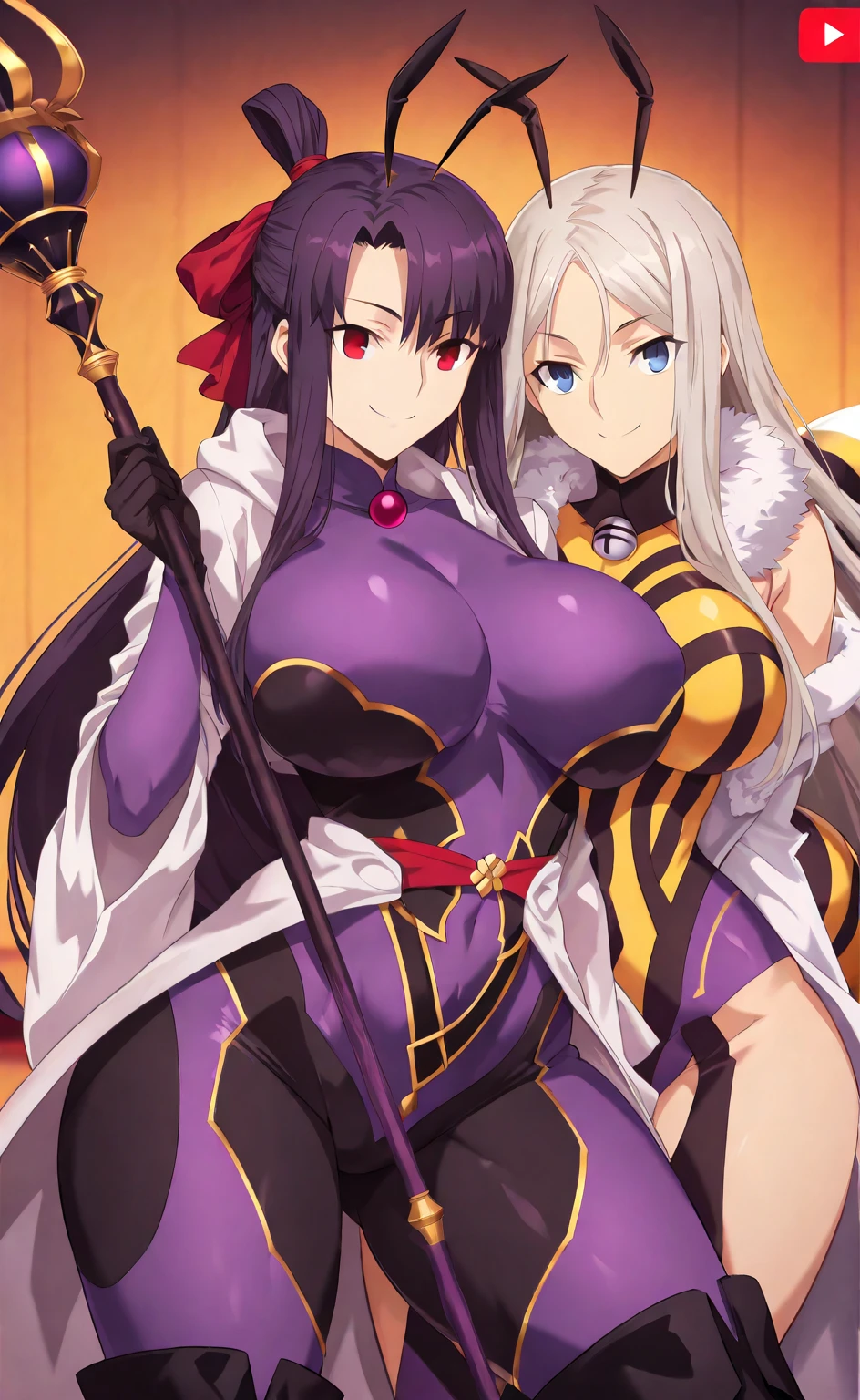 Black and white haired women dressed in black and purple wear gold star-shaped necklaces with purple and yellow eyes Big-breasted