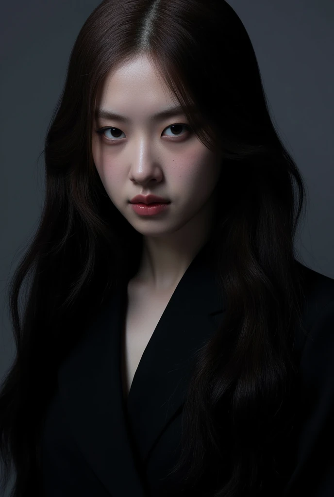 arafed woman in a black jacket and white shirt posing for a picture, Yun Ling, Zhang Pengzhen, Zhang Wanting, Li Zixin, xiaofan zhang, chengyou liu, wei wang, xue han, jinyiwei, jiyun chae, Qiu Fang, wenfei ye, xintong chen, xision wu, lei min。Occupational insurance broker,Sit Pose,Splendid modern museum。Long hair,Dignified, avant-garde fashion。White skin,tmasterpiece。