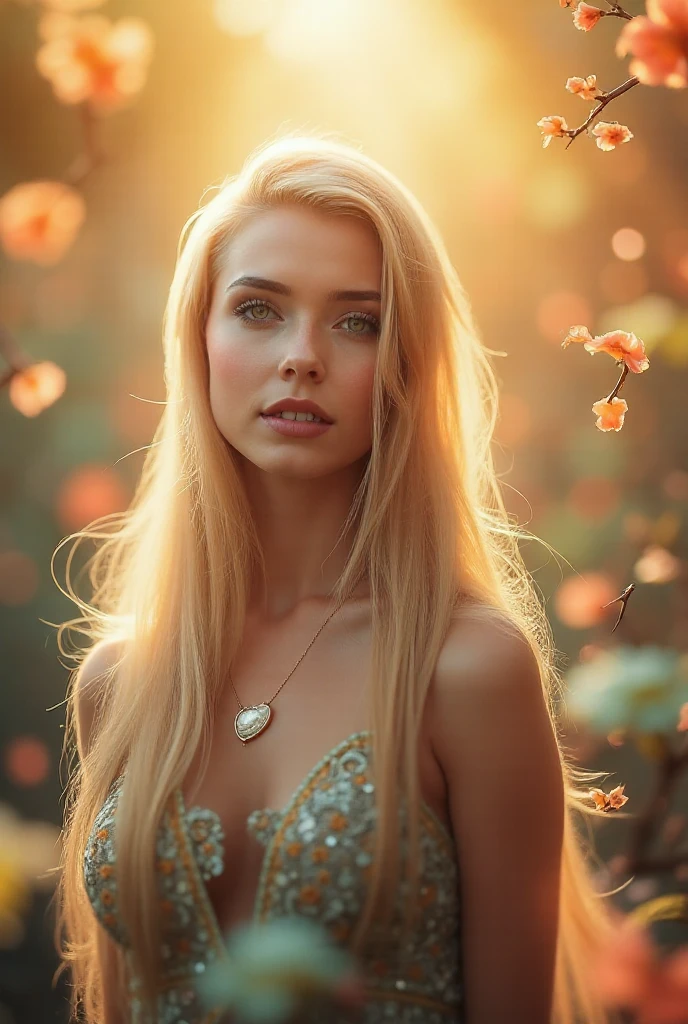 Photograph of a blonde woman with natural skin, long and voluminous hair, sharp eyes, a thin and upturned nose, shapely lips, an hourglass body shape, simple clothes and makeup, minimalist-detailed, vibrant, epic, smooth, cinematic, 4K, backlit, fantasy garden background, and a shallow depth of field.