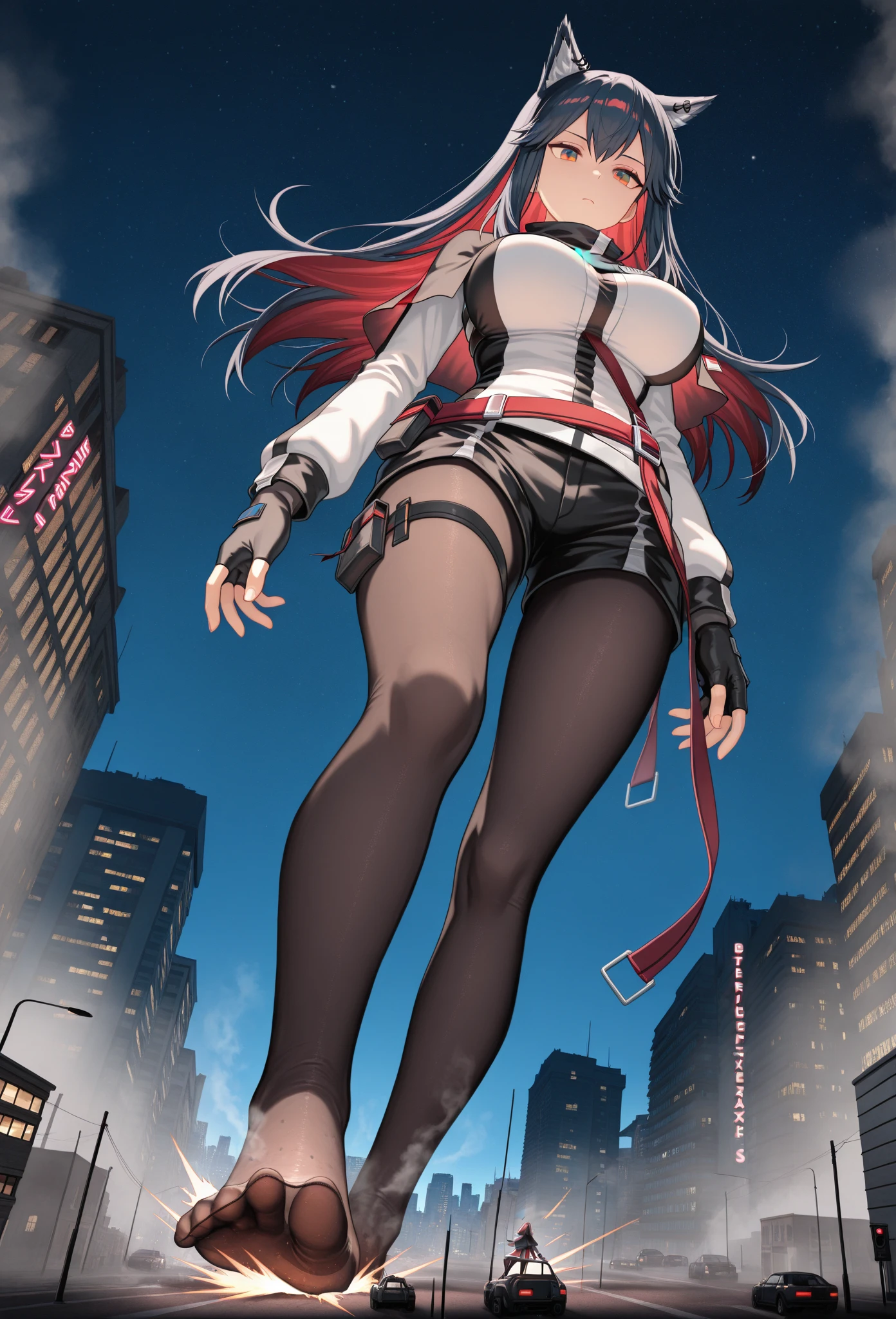 In the heart of a bustling downtown area, the Giantess Goddess with silver skin and ruby red eyes strides among the skyscrapers. Her hair, a cascade of silver strands, glints in the sunlight. Normal-sized office workers scatter, but many are caught and crushed underfoot. She gathers up the survivors, pressing them against her silver curves, their struggles fueling her pleasure.

