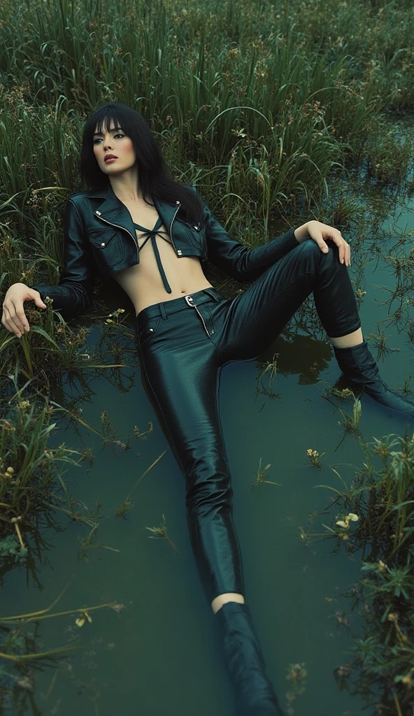 (best quality, masterpiece), (night, gloomy, swamp, dark forest), woman, fair skin, blushing face, ((drowns himself in a swamp)), very dirty swamp, ((worn flared jeans), unbuttoned shirt, leather jacket, deep swamp, twilight lighting, waist lighting, drama of what is happening, the frame is saturated with sensual tension, dynamic frame