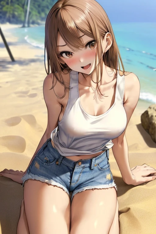 (8K、Highest quality、Highest quality、masterpiece)、Detailed face、One Girl、Spread legs、Spread Legs、(Brown Skin:1.2)、Long Hair、Blue Eyes、Sweat、Grin、(White tank top、Denim hot shorts、Mini Shorts、Cameltoe)、Cameltoe、Beach、cloud、pussy、
belly button、Big Breasts、