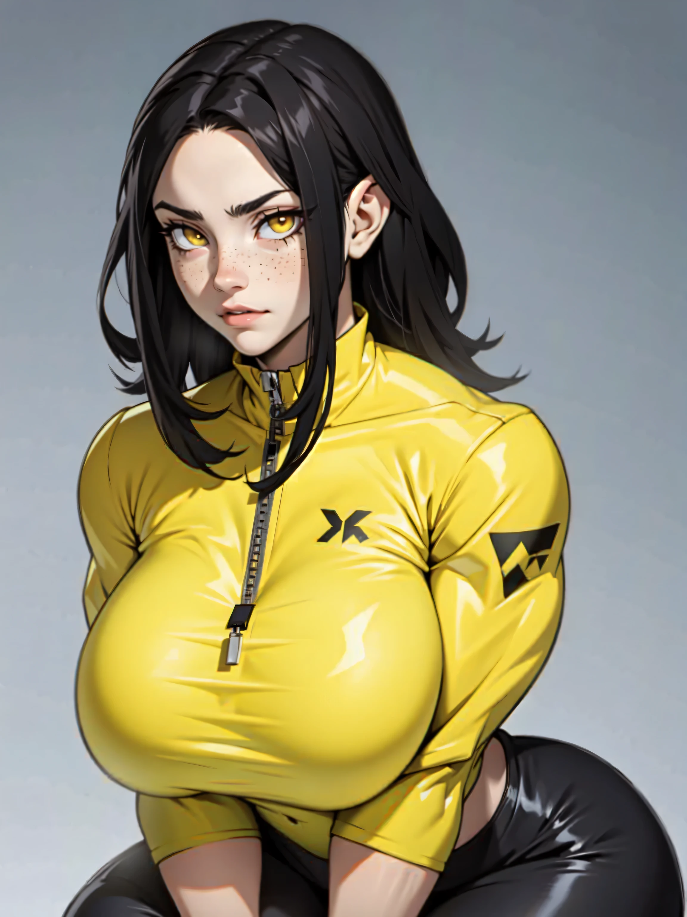 expressionless girl black hair yellow eyes muscular