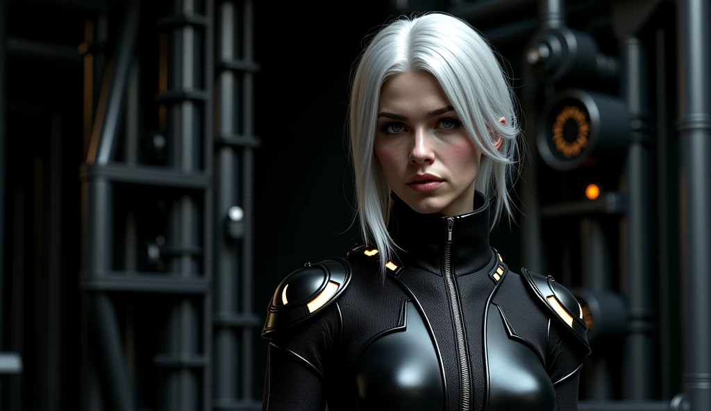 arafed woman in a black leather outfit posing for a picture, sci fi female character, (((Perfect eyes))) sci-fi android female, sci-fi female, cyborg - girl with silver hair, 3 d render character art 8 k, beautiful cyberpunk woman model, wearing futuristic armor, female lead character, scifi woman, cyberpunk angry gorgeous goddess, dystopian sci-fi character