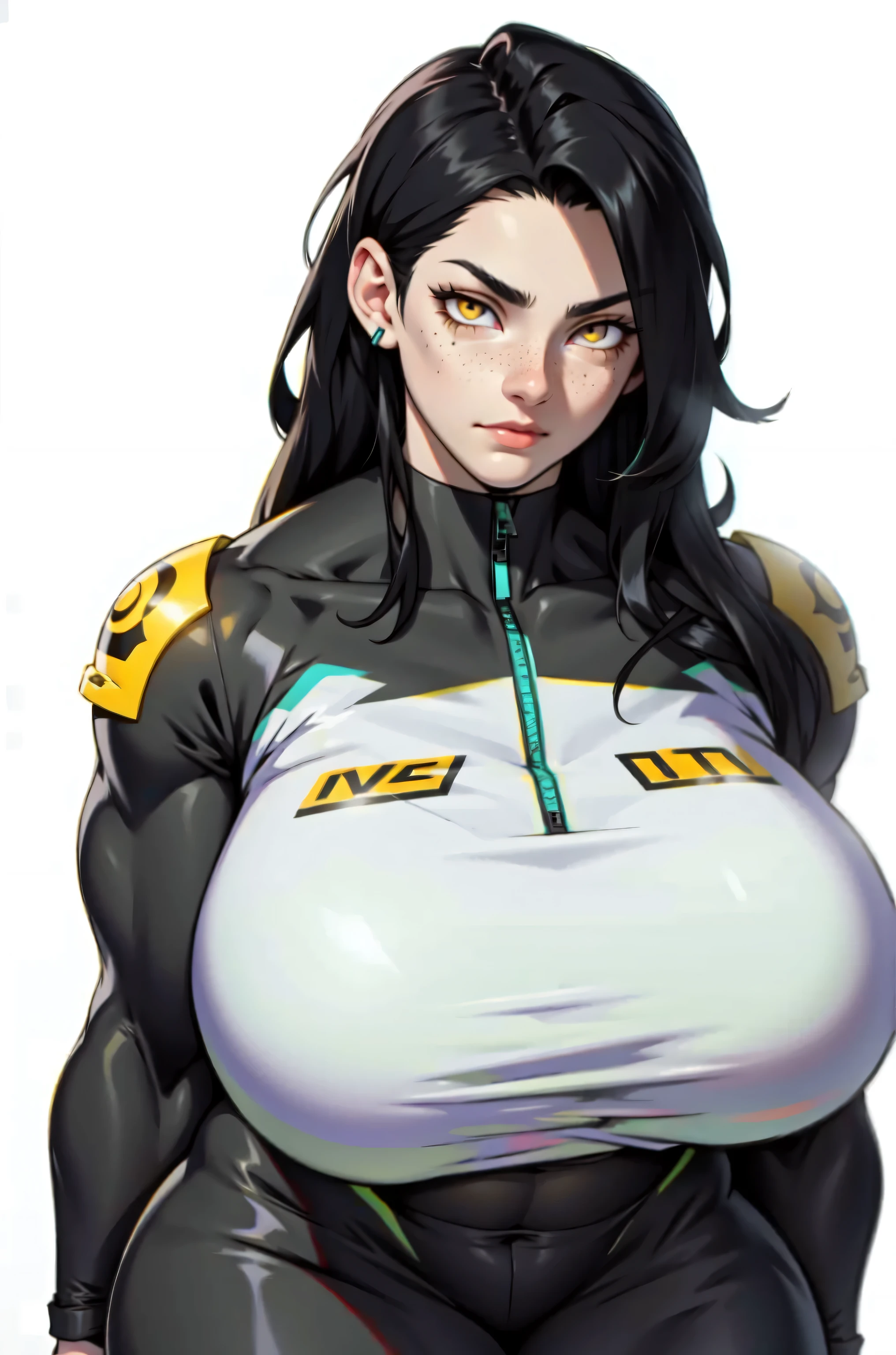 pale skin 1 girl black hair yellow eyes bodybuilder huge breasts