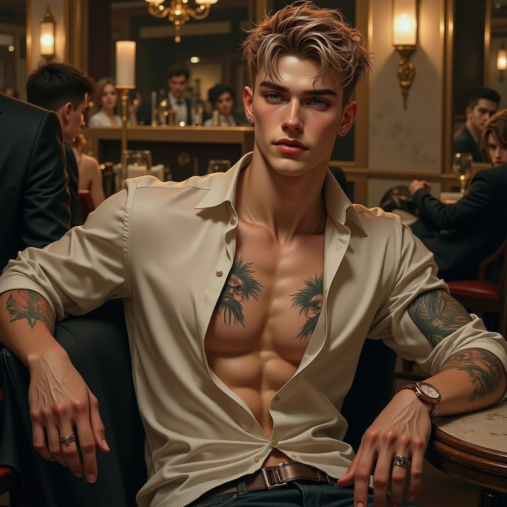 A handsome young mafia man with white skin, tall, blond hair, green eyes, a hot, sexy, toned body with tattoos and piercings, sitting in an armchair wearing a white shirt with the buttons open.