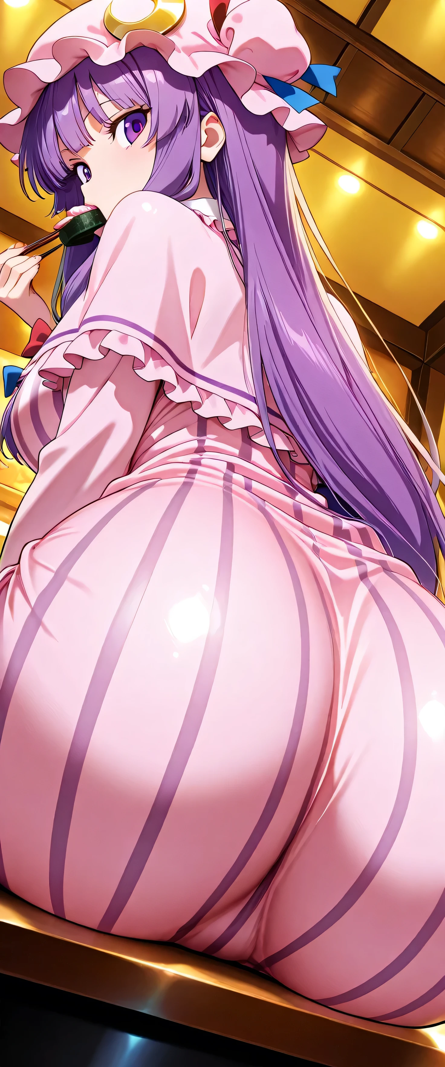 (beautiful girl:1.3),masterpiece,Please redeem,Ultra-high resolution,rich contrast,Very high quality,8k,Highly detailed CG unit wallpaper,Texture,So ridiculous,RAW Photos,Highest quality anime,anime-style illustration,studio anime style,professional photograph,an extremely delicate and beautiful,Depth of written boundary 1.2,ultra-detailed eyes,Glowing Skin,Glitter Effect,Beautiful glossy lips,patchouli knowledge, 1girl, solo, purple eyes, purple hair, long hair, sidelocks,mob cap, pink hat, crescent pin, hair bow, blue bow, red bow, pink dress, purple capelet, vertical-striped dress,((( round eyes , big eyes))), big breasts,Big Round Ass,kaitenzushi,nigirizushi, restaurant, holding chopsticks, sitting, table,Eating sushi at a conveyor belt sushi restaurant,(from below:1.4),(from behind:1.4),(Ass close up:1.5)