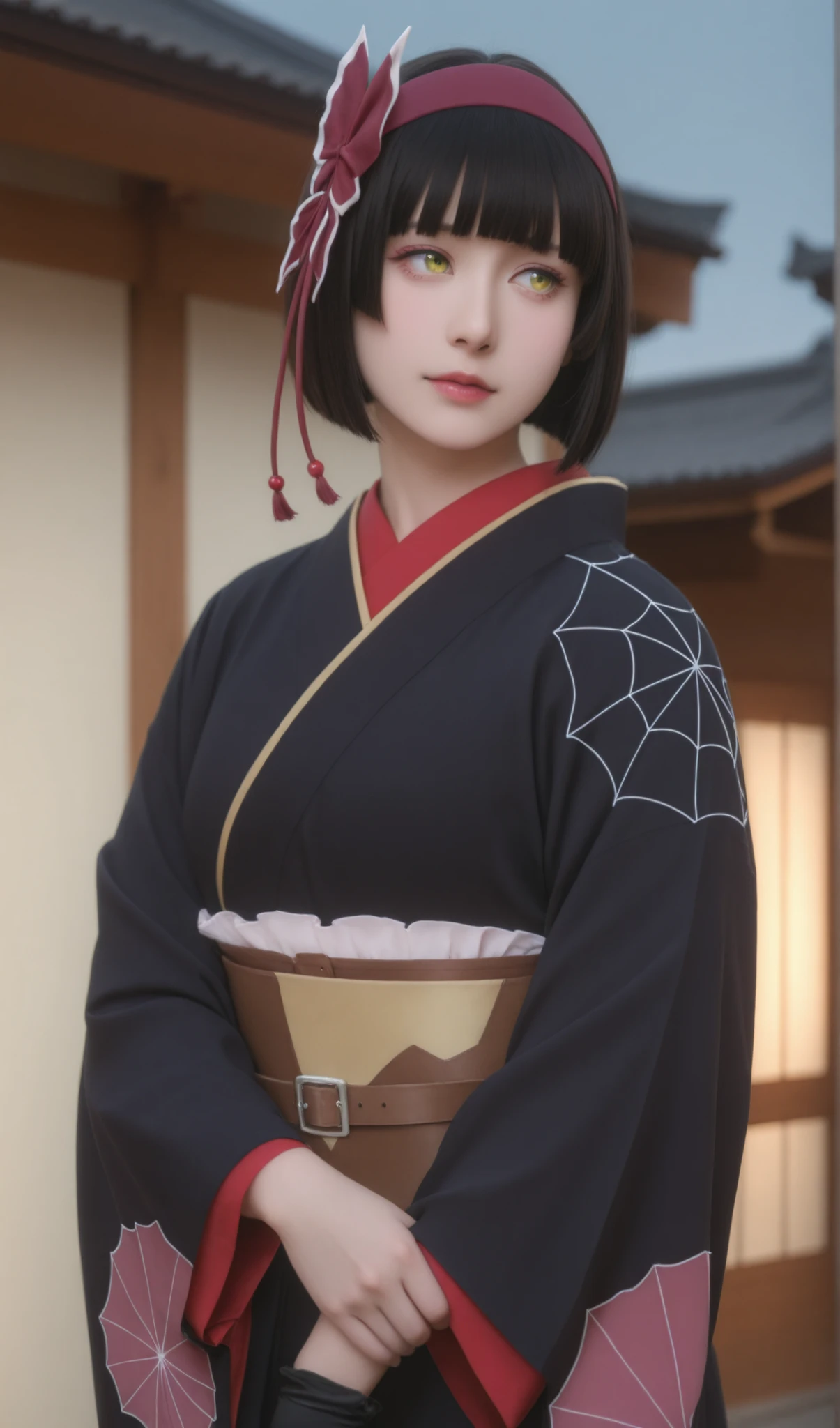 photorealistic, realistic, cosplay, masterpiece, perfect face, ultra detailed, best quality, finely detailed, beautiful lighting, highres, 8k wallpaper, cinematic lighting, highly detailed eyes, dynamic angle, stunning composition, realistic skin, 1girl, solo, mio-mlf, black hair, short hair, blunt bangs, bob cut, bangs, yellow eyes,
japanese clothes, kimono, bow, black gloves,
folding fan, outdoors,