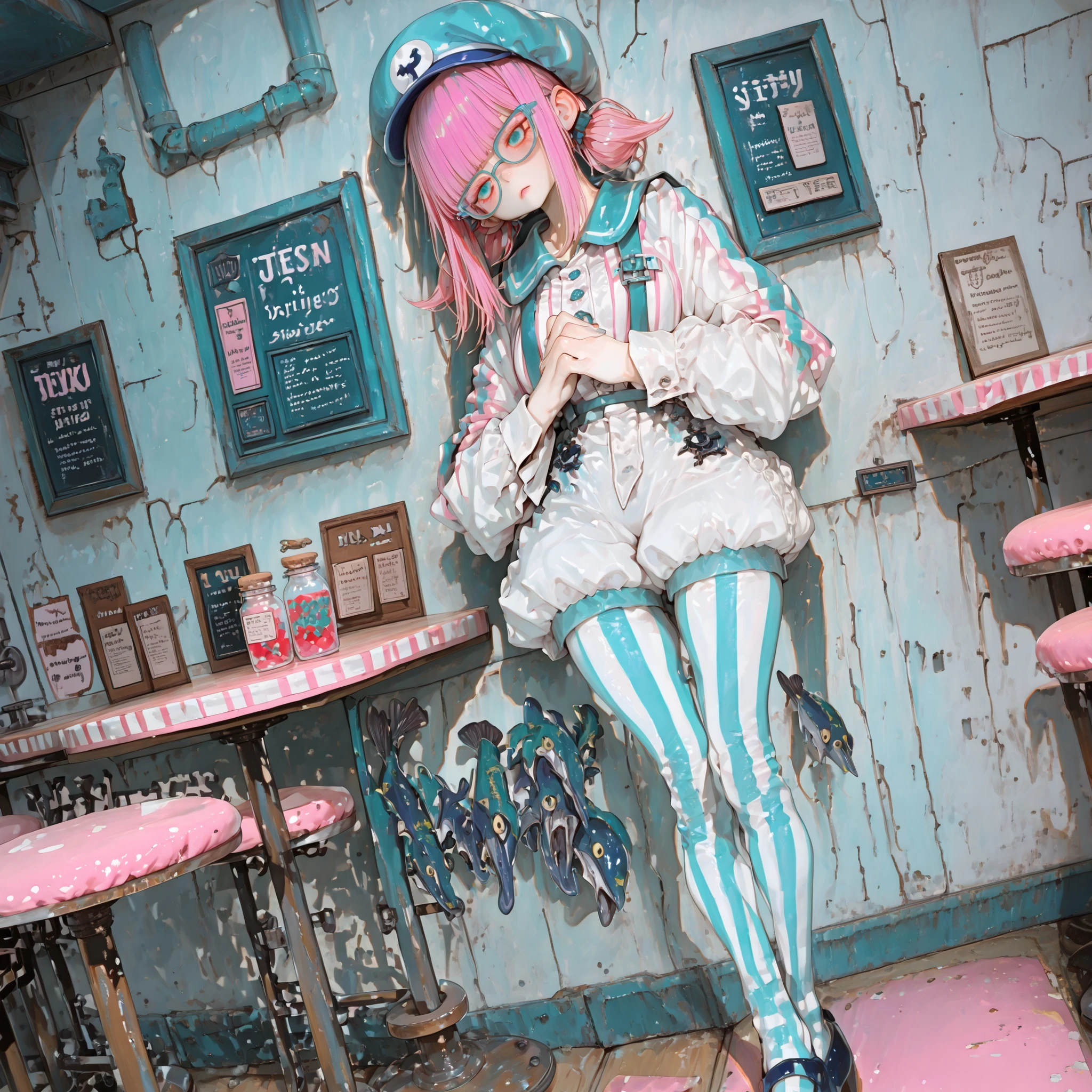 full body, ((atmospheric)) fixed perspective, eye focus, face focus, Dutch angle, straight-on, standing against wall, hands clasped over stomach, (head tilt,) lips parted, pout, curious expression, bored stiff posture, 1 woman, blue sailor hat, aqua eyes, ((tareme, aegyo sal,)) flipped sidelocks, blunt bangs, (((pink low twintails, short twintails, pink hair))), square glasses, suspenders, white dress shirt, puffy shorts, ((aqua white striped tights)), blue mary janes, (((tenshi kaiwai fashion))), ((detailed face,)) (((detailed eyes,))) ((long legs, mature, adult, long torso,)) masterpiece, best quality, cinematic lighting, highly detailed, details, ultra quality, HDR, 8k, lazypos, ((amazing composition,)) (((score 10,))) (((rundown retro blue white fish-motif diner, stools, counter, wall art, booths, tables, pickled herring, menu,))) cash register, old splintery wooden spruce floor, ((blue dim lighting, sidelighting, dark, darkness))