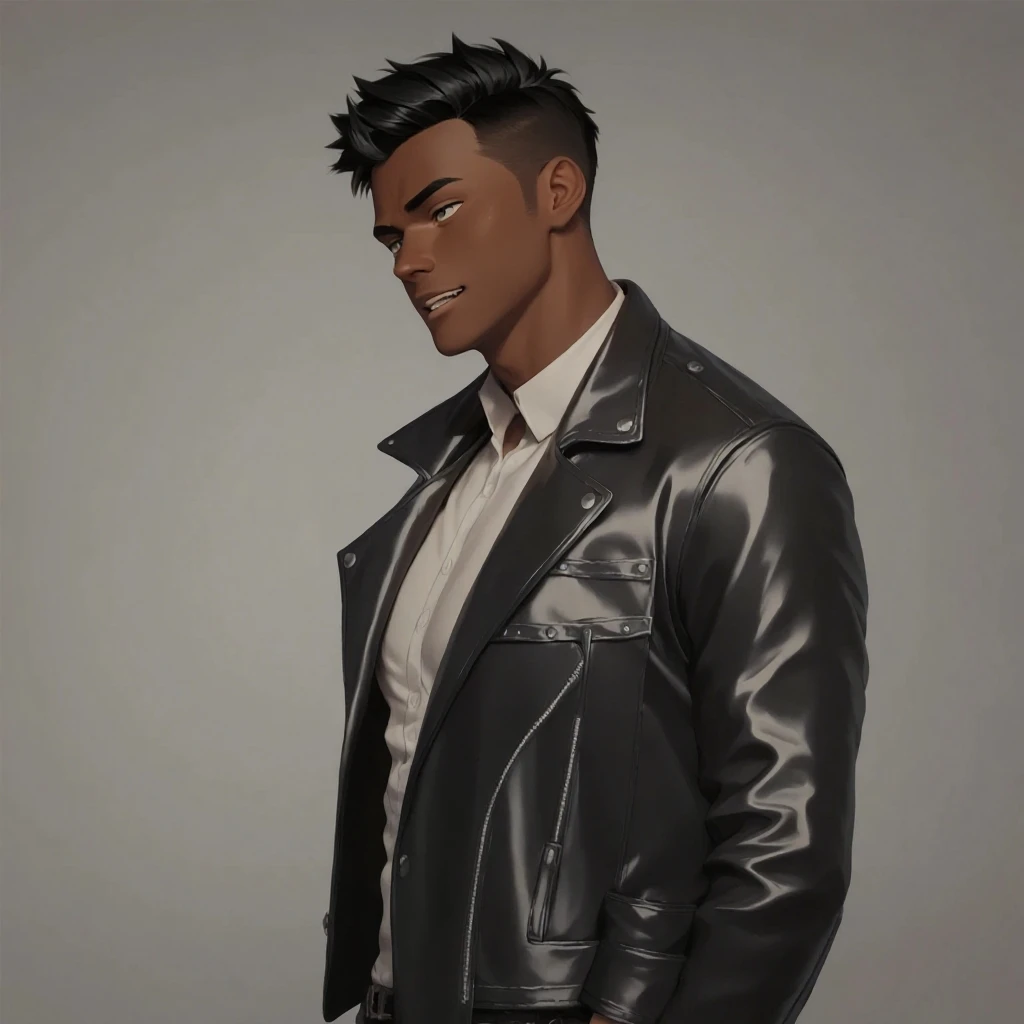 1 boy, single teenager, athletic body, somewhat stocky, messy burgundy neck-length hair, dark skin, tanned skin, green eyes, mole under right eye, somewhat athletic body, somewhat wide hips, black shirt, ripped jeans, leather black jacket, in a university, in a park