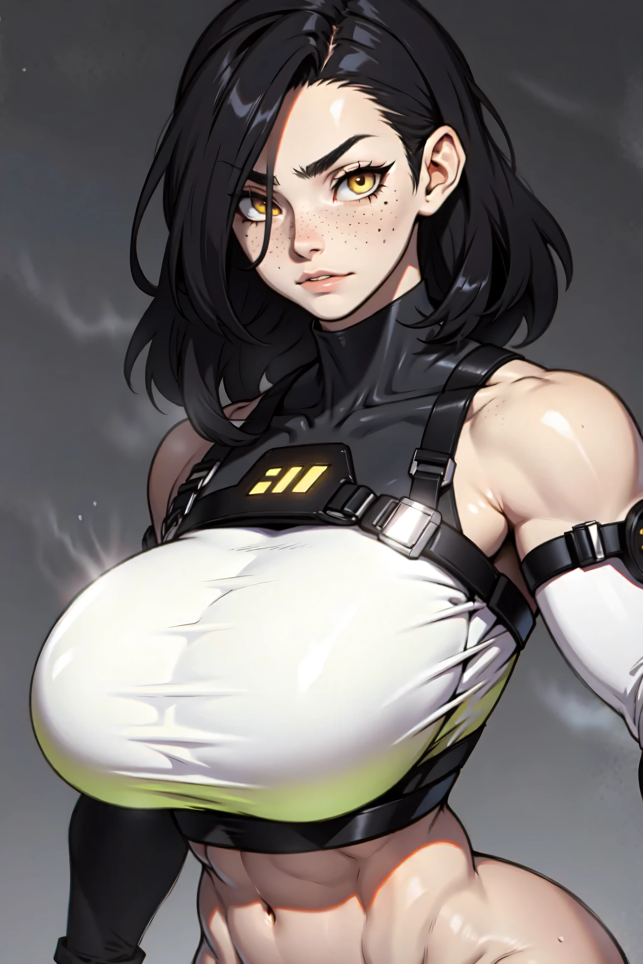muscular girl huge breasts black hair yellow eyes pale skin