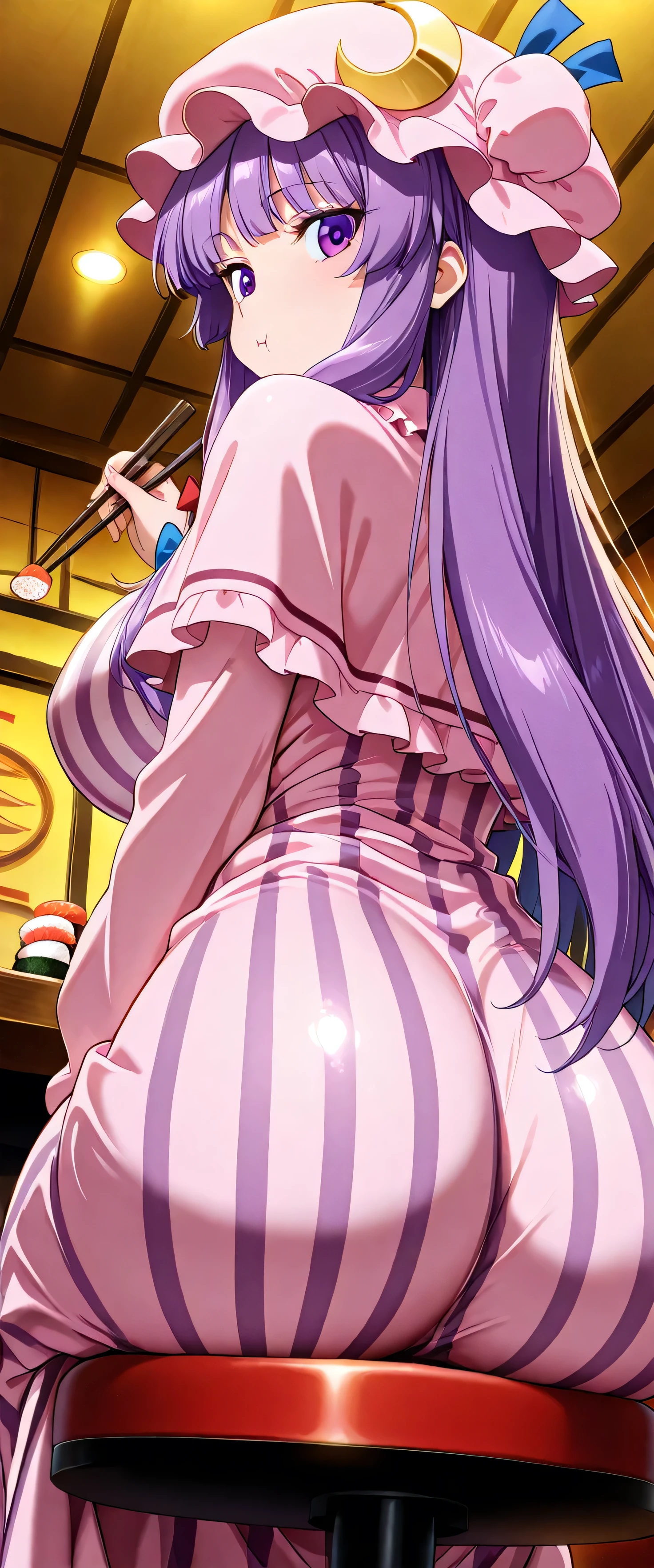 (beautiful girl:1.3),masterpiece,Please redeem,Ultra-high resolution,rich contrast,Very high quality,8k,Highly detailed CG unit wallpaper,Texture,So ridiculous,RAW Photos,Highest quality anime,anime-style illustration,studio anime style,professional photograph,an extremely delicate and beautiful,Depth of written boundary 1.2,ultra-detailed eyes,Glowing Skin,Glitter Effect,Beautiful glossy lips,patchouli knowledge, 1girl, solo, purple eyes, purple hair, long hair, sidelocks,mob cap, pink hat, crescent pin, hair bow, blue bow, red bow, pink dress, purple capelet, vertical-striped dress,((( round eyes , big eyes))), big breasts,Big Round Ass,kaitenzushi,nigirizushi, restaurant, holding chopsticks, sitting, table,Eating sushi at a conveyor belt sushi restaurant,(from below:1.4),(from behind:1.4)