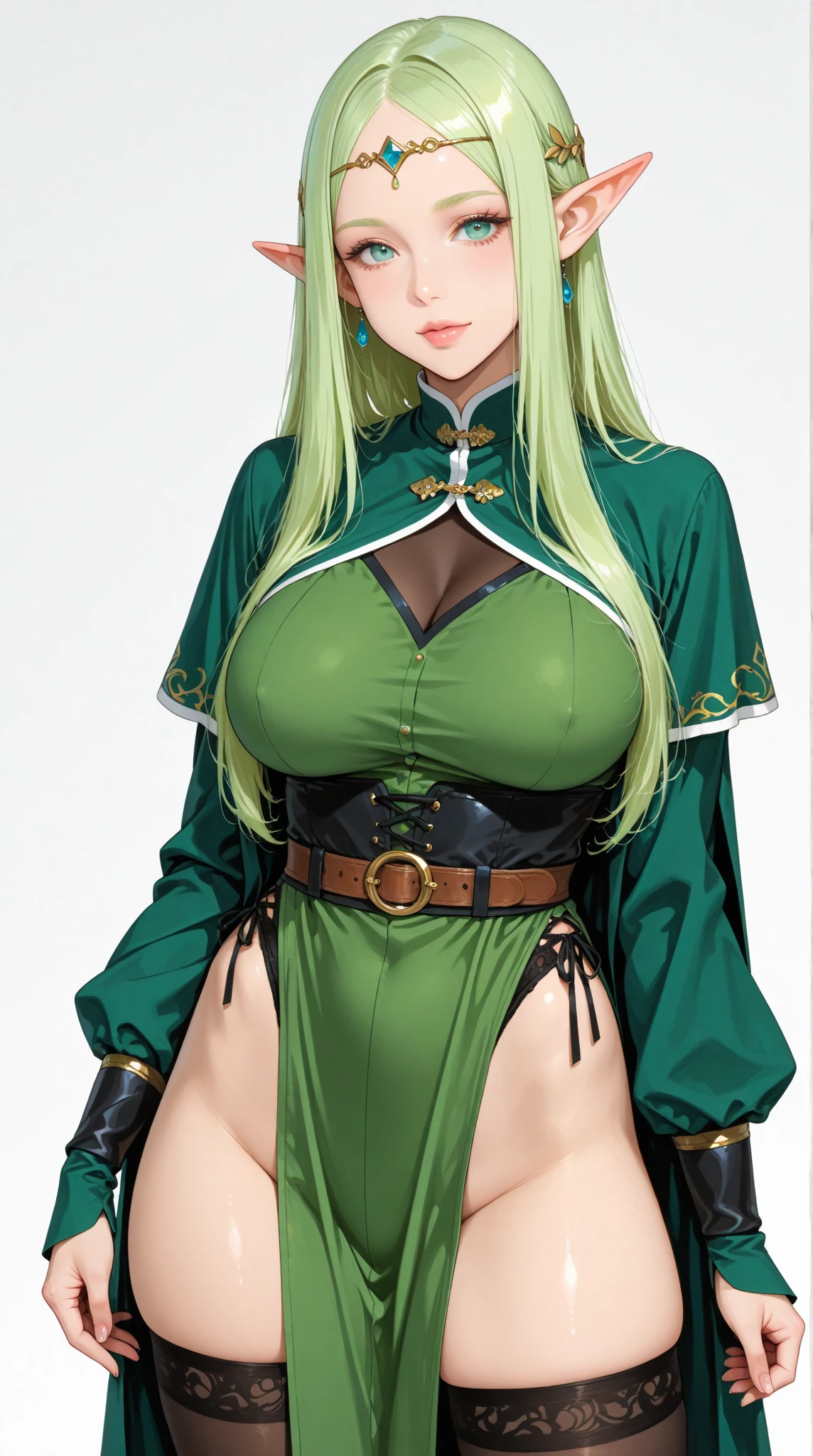 Beautiful woman, perfect body, with long hair in green color, violet eyes, wearing hat, cowgirl style, showing navel, with red blouse open showing black bra with yellow straps, large breasts, short brown skirt showing ass, big busda, perfect silhouette, green transparent pantyhose, brown boot long barrel, 1girl, long_hair, smile, open_mouth, large_