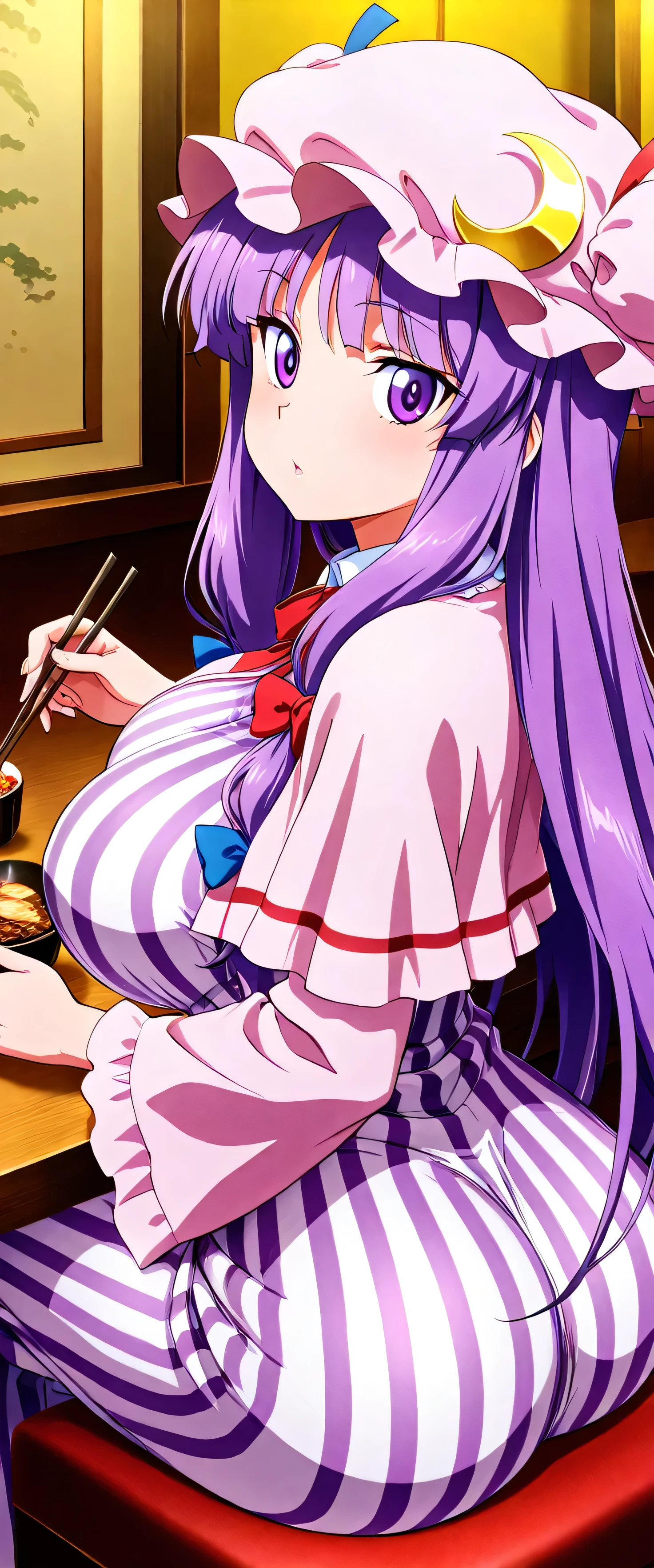 (beautiful girl:1.3),masterpiece,Please redeem,Ultra-high resolution,rich contrast,Very high quality,8k,Highly detailed CG unit wallpaper,Texture,So ridiculous,RAW Photos,Highest quality anime,anime-style illustration,studio anime style,professional photograph,an extremely delicate and beautiful,Depth of written boundary 1.2,ultra-detailed eyes,Glowing Skin,Glitter Effect,Beautiful glossy lips,patchouli knowledge, 1girl , alone, purple hair,very short hair, purple eyes,((( round eyes , big eyes))), big breasts,Big Round Ass,kaitenzushi,nigirizushi, restaurant, holding chopsticks, sitting, table