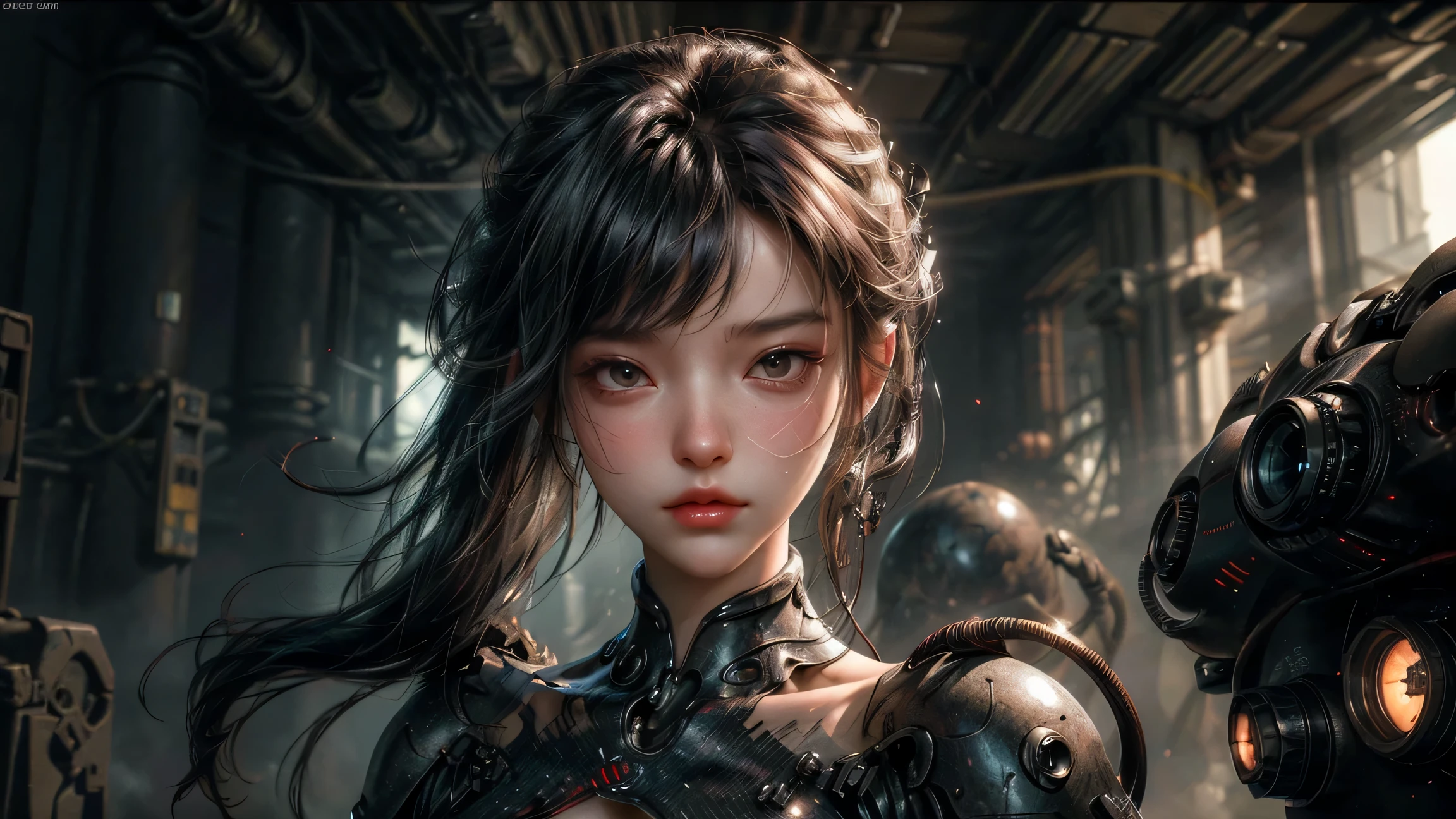 Flowing_contour biomechanical__cybernetic_airbrush___Strange__eerie__((Japanese Fashion_Magazines_cover__art_decor_Border))__porcelain_and_Platinum / Futuristic Cyberpunk woman with porcelain skin, cybernetic implants.