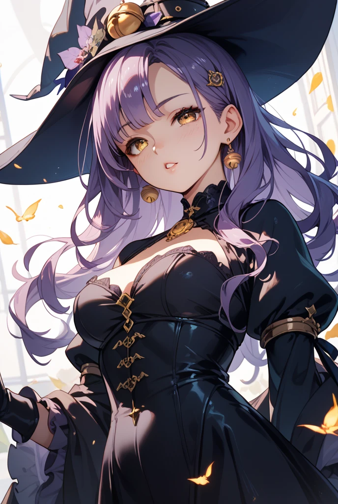 <lora:witch-lora-nochekaiser:0.7>, witch, absurdly long hair, purple hair, (yellow eyes:1.5), thighhighs, gloves,  dress, cleavage, bare shoulders, elbow gloves,  pelvic curtain, black thighhighs:1, ((large breasts:1.3)), cleavage, , black gloves:1, contrapposto,  long skirt, (hair over one eye:1.3)