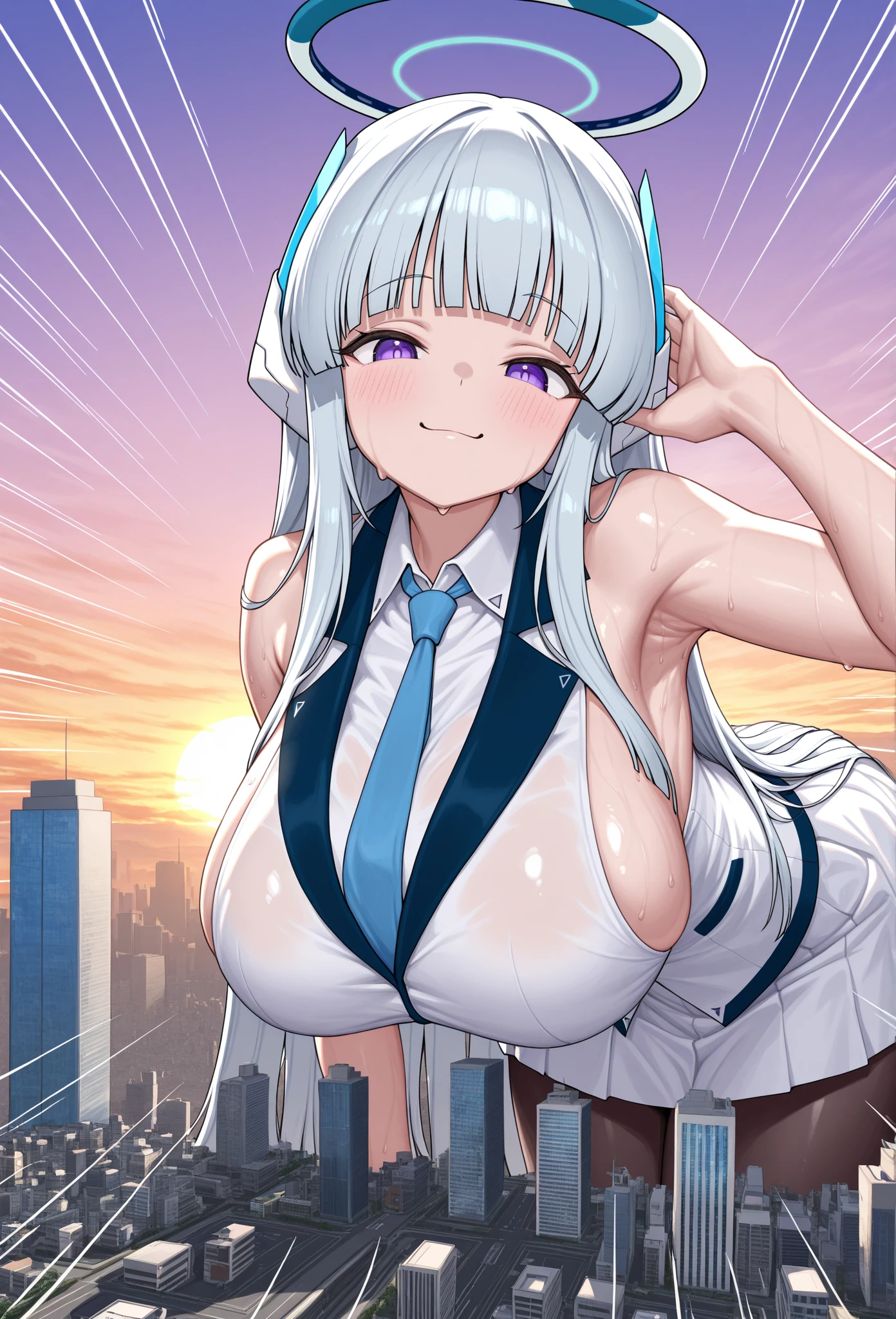 1girl, solo, Fujido Oriko, giantess, black pantyhose, blue eyes blue skirt, blunt bangs, breasts, cowboy shot, drill hair, fang, large breasts, long hair, looking at viewer, looking back, open mouth, pantyhose, pleated skirt, purple hair, shirt, short sleeves, skirt, kung fu pose, white hair, white shirt, standing, giant among buildings, taller than a skyscraper, Masterpiece, Best quality,