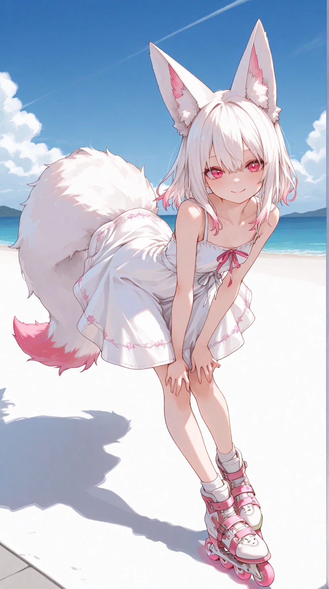 white-pink hair, short hair, seal ears, bikini, beach, cat pose, strip bikini, frills,