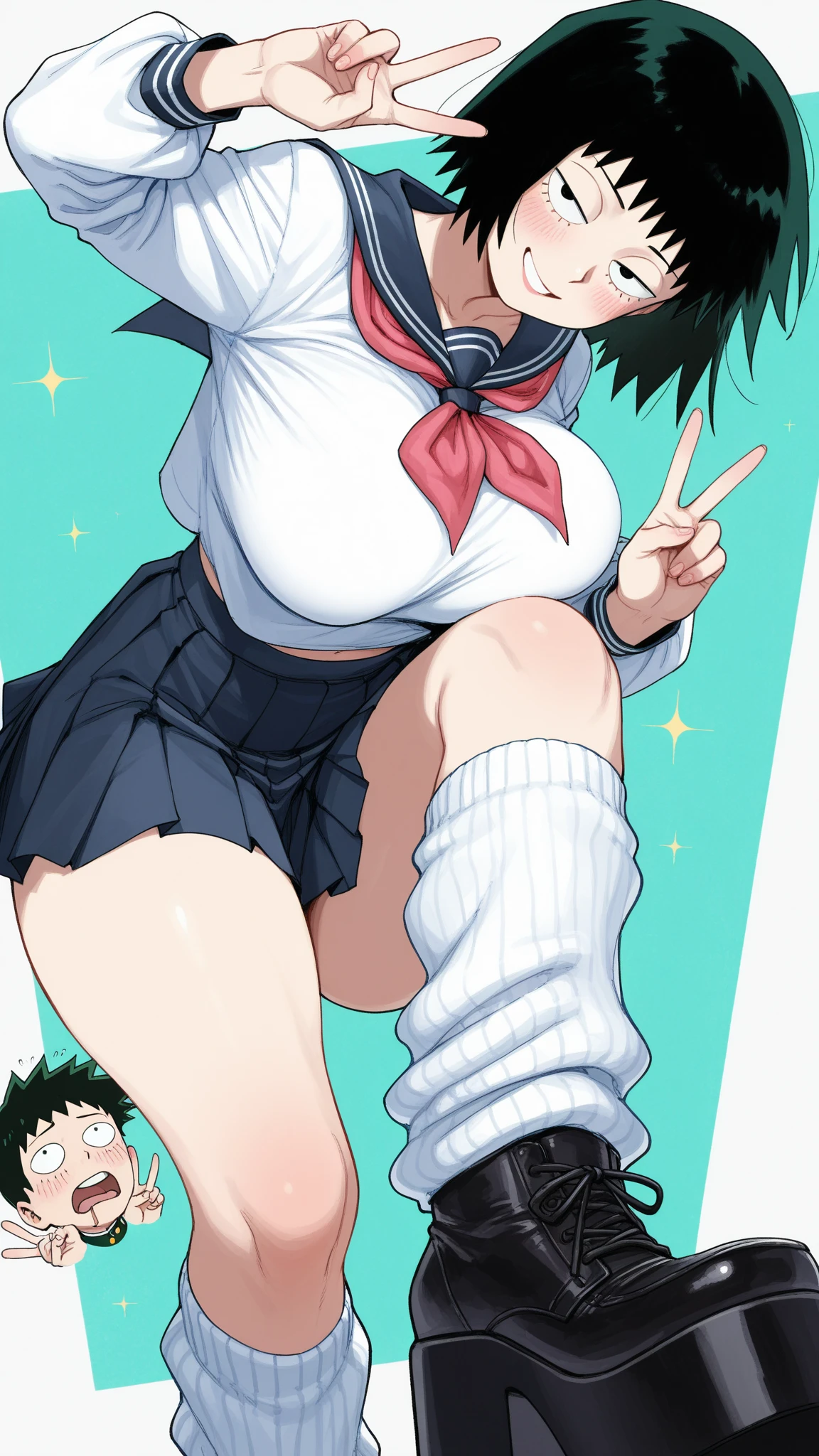 ((top quality, 8k wallpaper)),(masterpiece, best quality),extremely detailed,high definition,(official art:1.3),(((anime screencap,black outline))),<lora:more_details:0.3>,<lora:LCM_LoRA_Weights_SD15:1>,1girl, solo, BREAK <lora:takarada_rikka_v1:0.6>,rikka1,1girl,takarada rikka,black hair,solo,blue eyes,wrist scrunchie,long hair,red socks,school uniform,black skirt,bangs,pleated skirt,orange scrunchie,red bow,white cardigan,thick thighs, long sleeves,bowtie,white shirt,miniskirt,white sweater, BREAK <lora:slugCrotch:0.5>,(looking down, clenched teeth, blush, sweat, sweatdrop, convenient censoring, giantess, crotch focus, thighs apart),(((covering crotch,green slug on crotch))),