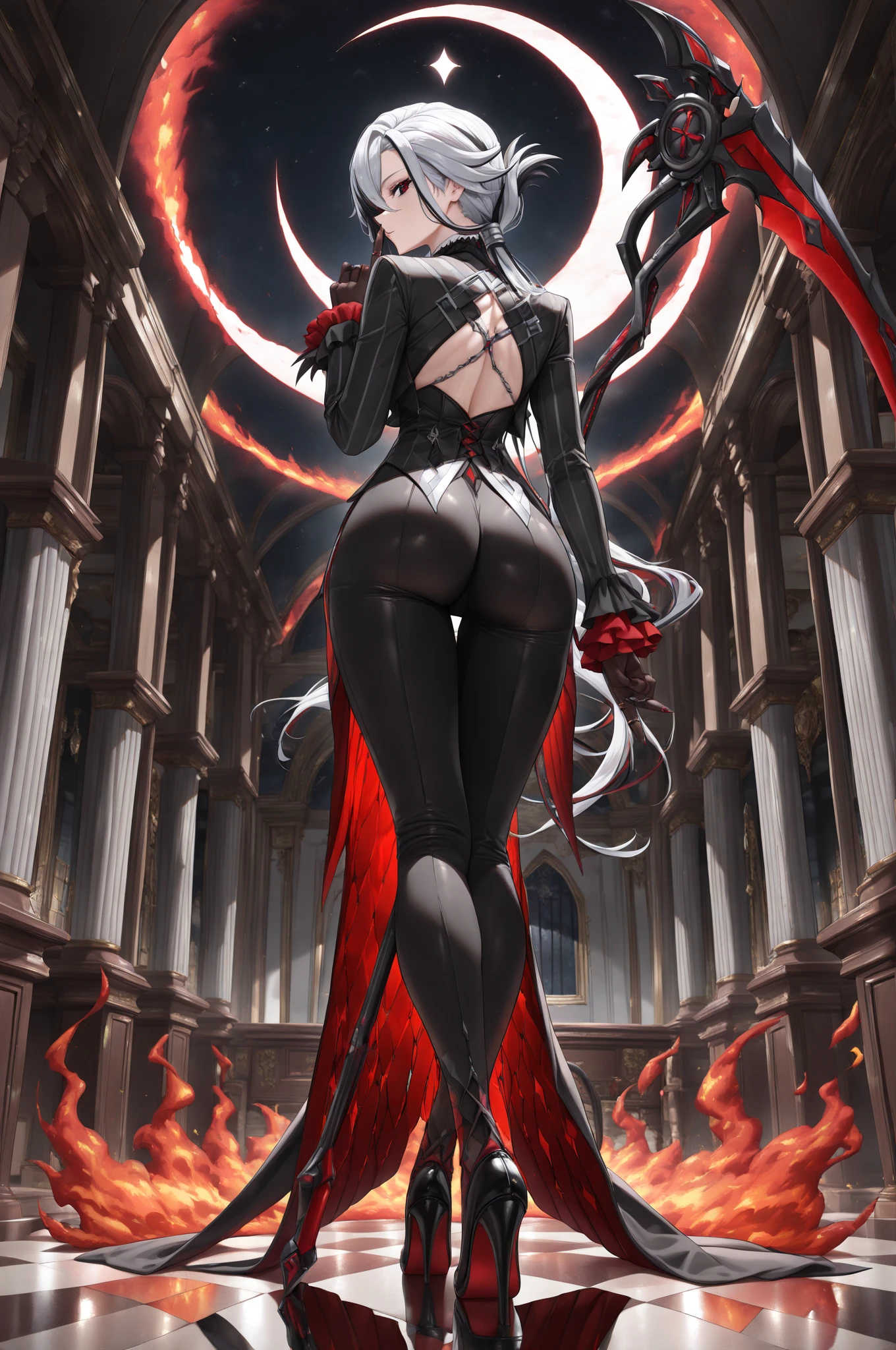 pale skin,dark风,wearing leg rings,white stockings,black eye shadow,red eyes,Abstinence,dark,stick out your tongue,back view